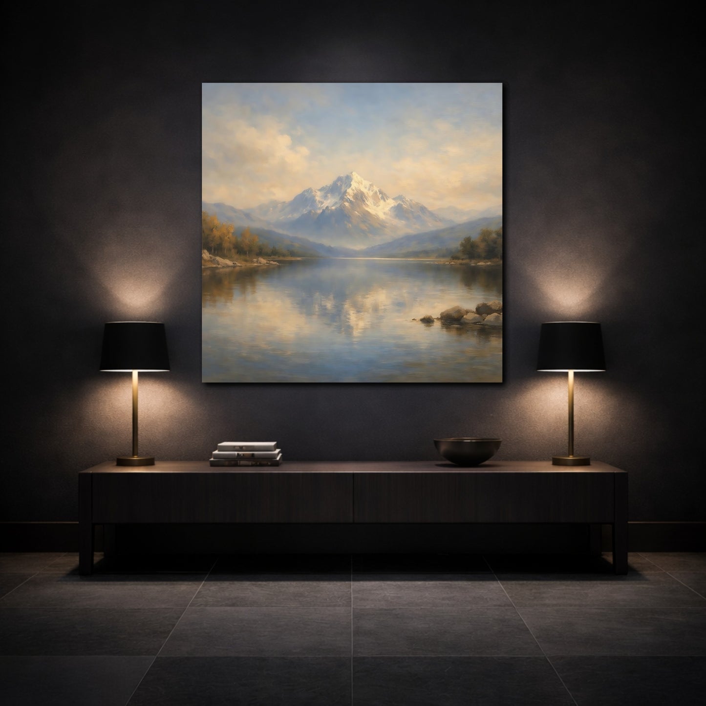 Mockup 3. Nature Snowy Mountain Mountain Lake Landscape shown as stretched canvas wall art