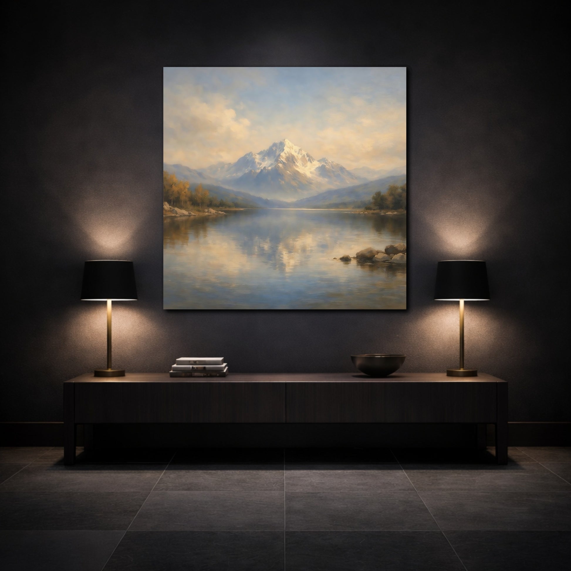Mockup 3. Nature Snowy Mountain Mountain Lake Landscape shown as stretched canvas wall art