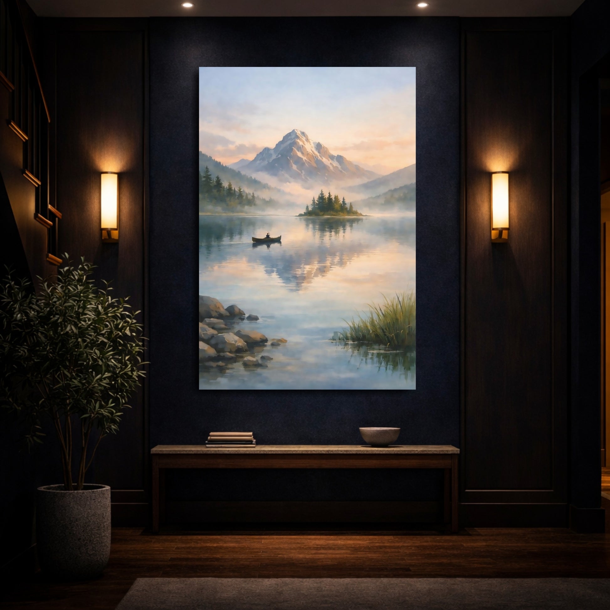 Mockup 3. Nature Snowy Mountain Mountain Lake Landscape shown as stretched canvas wall art