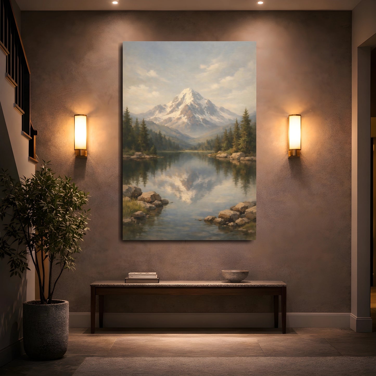 Mockup 4. Nature Snowy Mountain Mountain Lake Landscape shown as stretched canvas wall art
