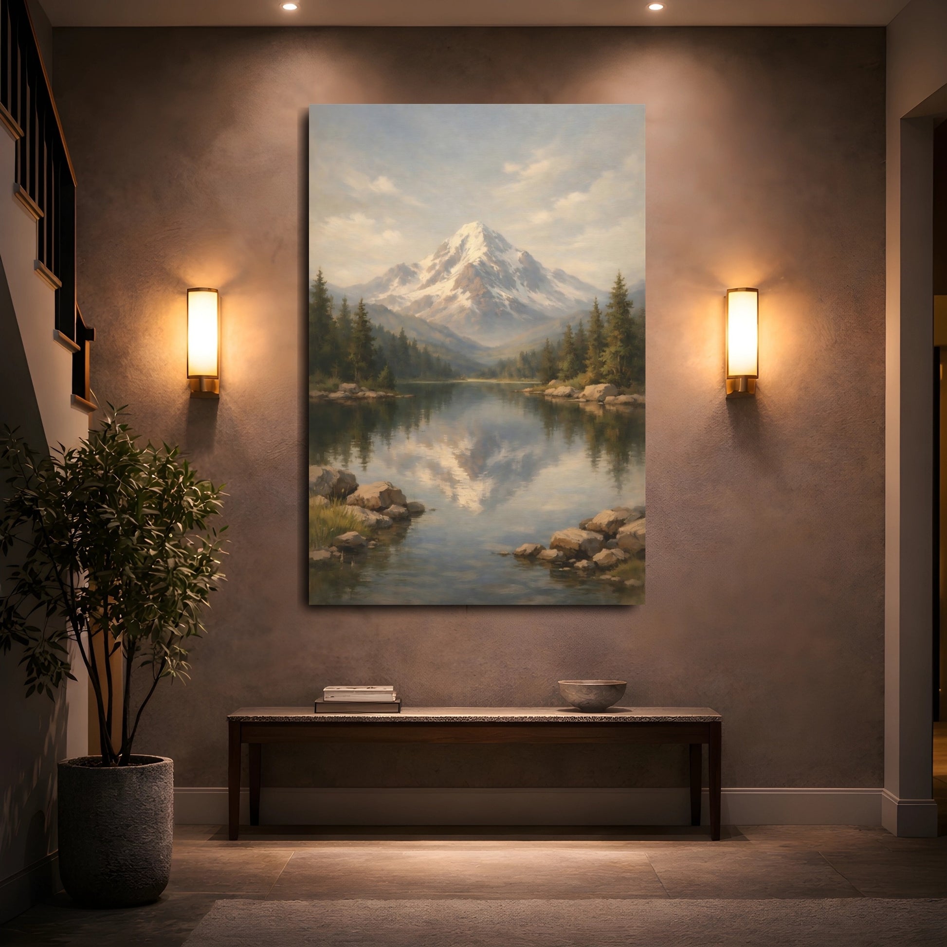 Mockup 4. Nature Snowy Mountain Mountain Lake Landscape shown as stretched canvas wall art