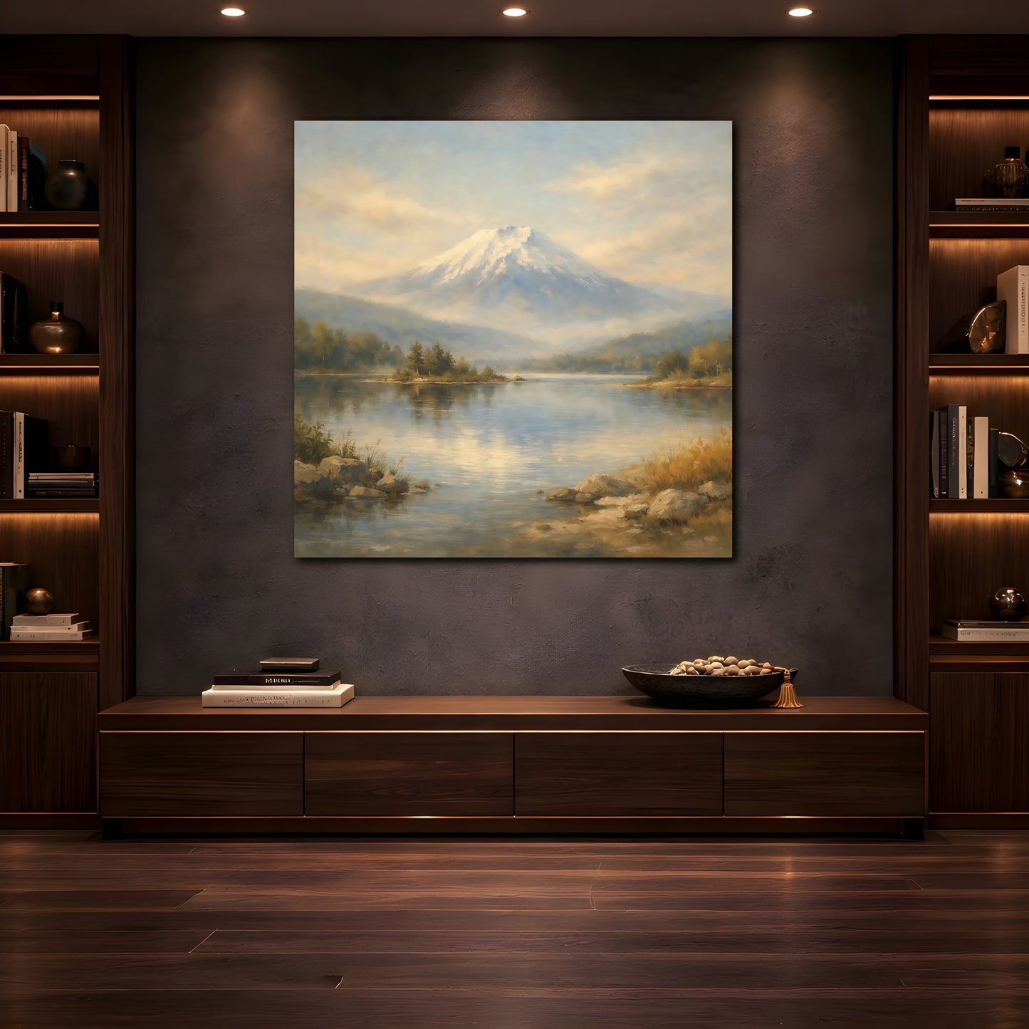 Mockup 4. Nature Snowy Mountain Mountain Lake Landscape shown as stretched canvas wall art