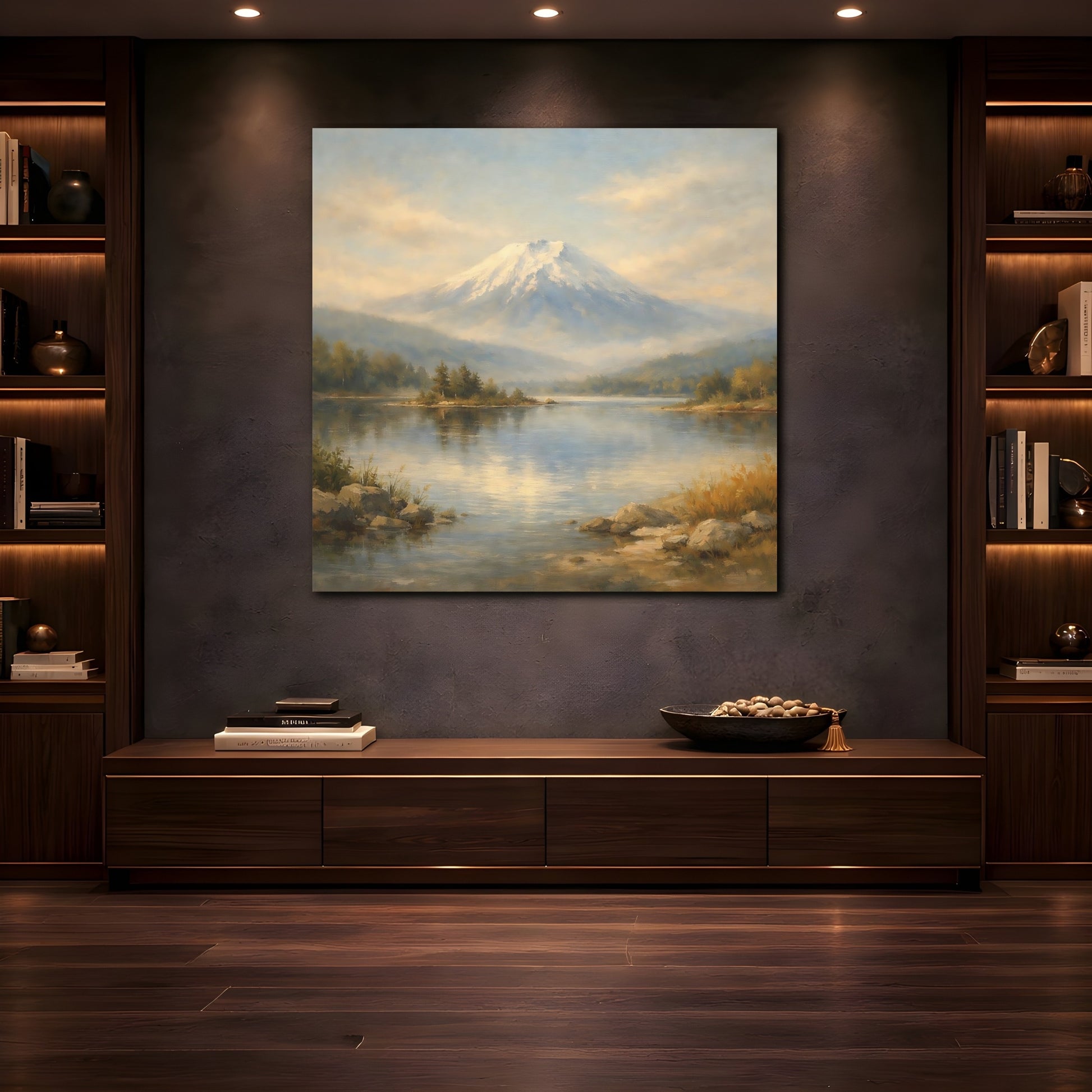 Mockup 4. Nature Snowy Mountain Mountain Lake Landscape shown as stretched canvas wall art