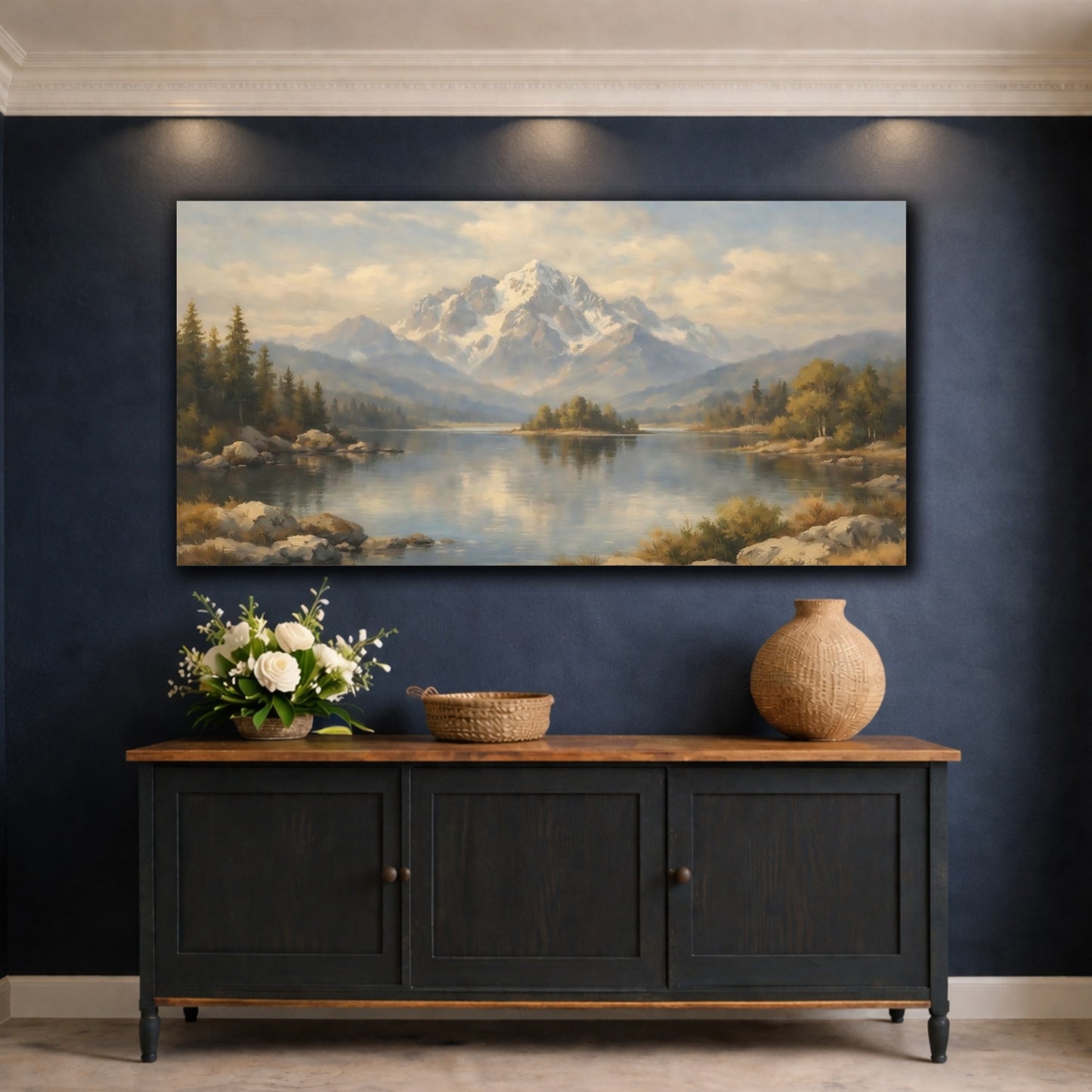 Mockup 4. Nature Snowy Mountain Mountain Lake Landscape shown as stretched canvas wall art