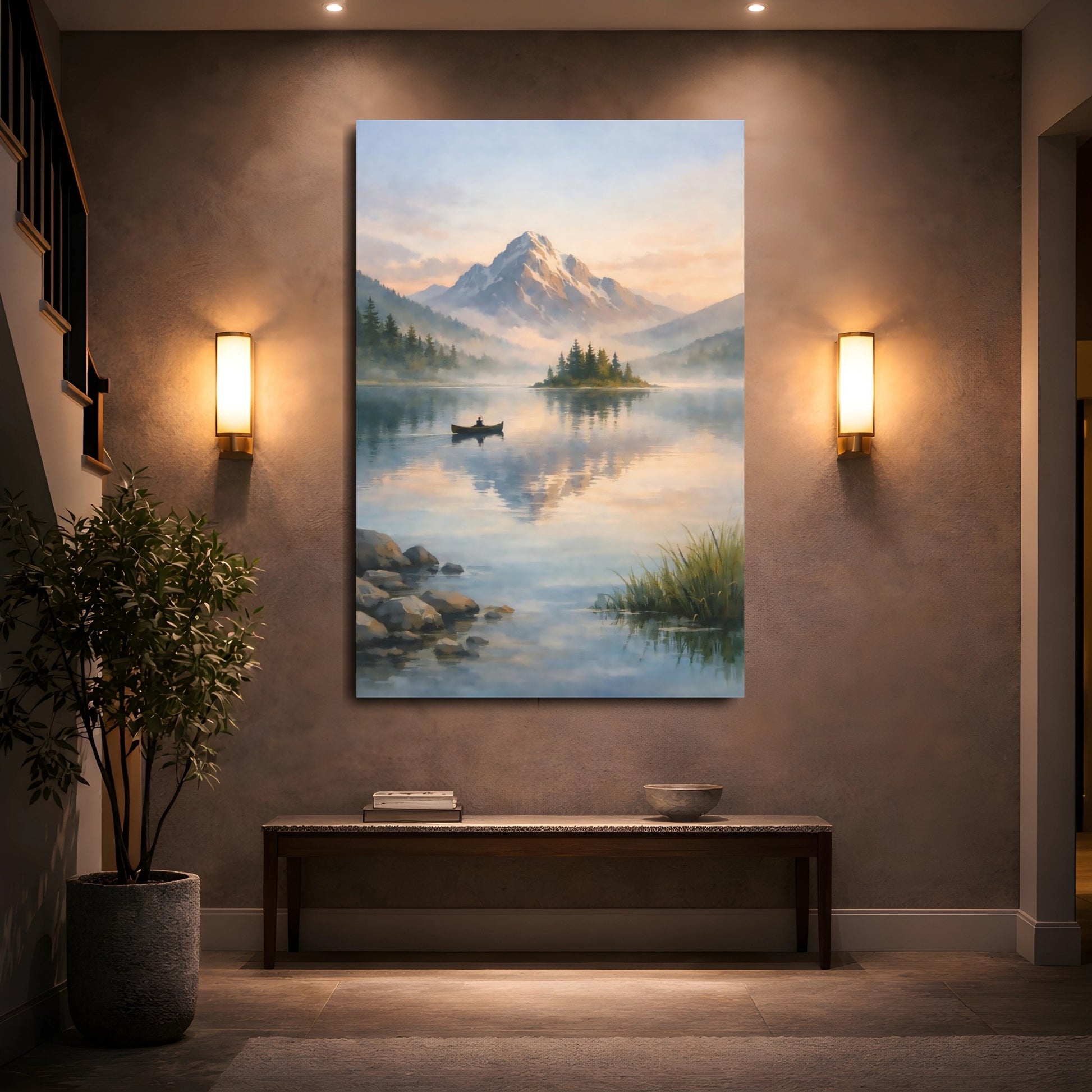 Mockup 4. Nature Snowy Mountain Mountain Lake Landscape shown as stretched canvas wall art