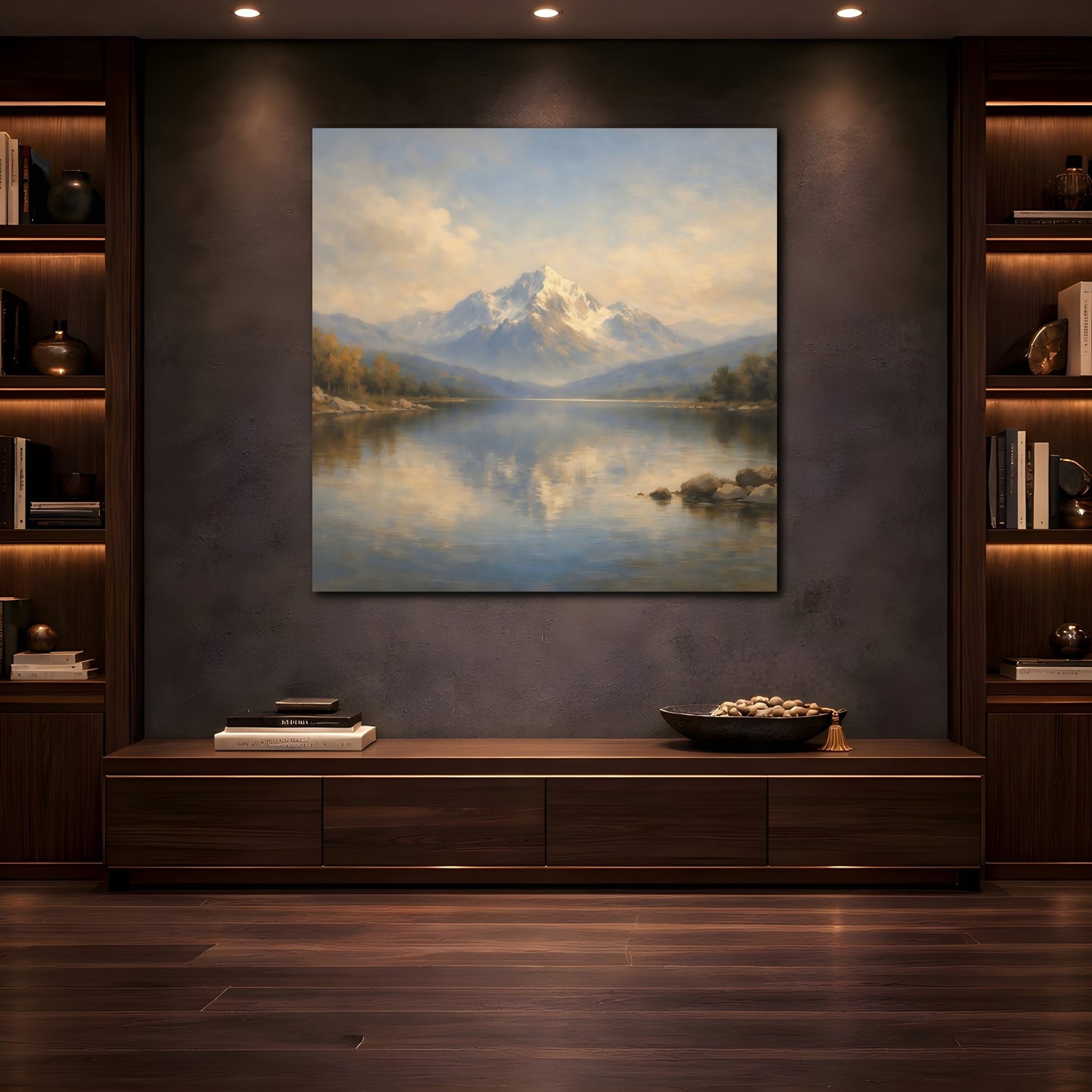 Mockup 4. Nature Snowy Mountain Mountain Lake Landscape shown as stretched canvas wall art