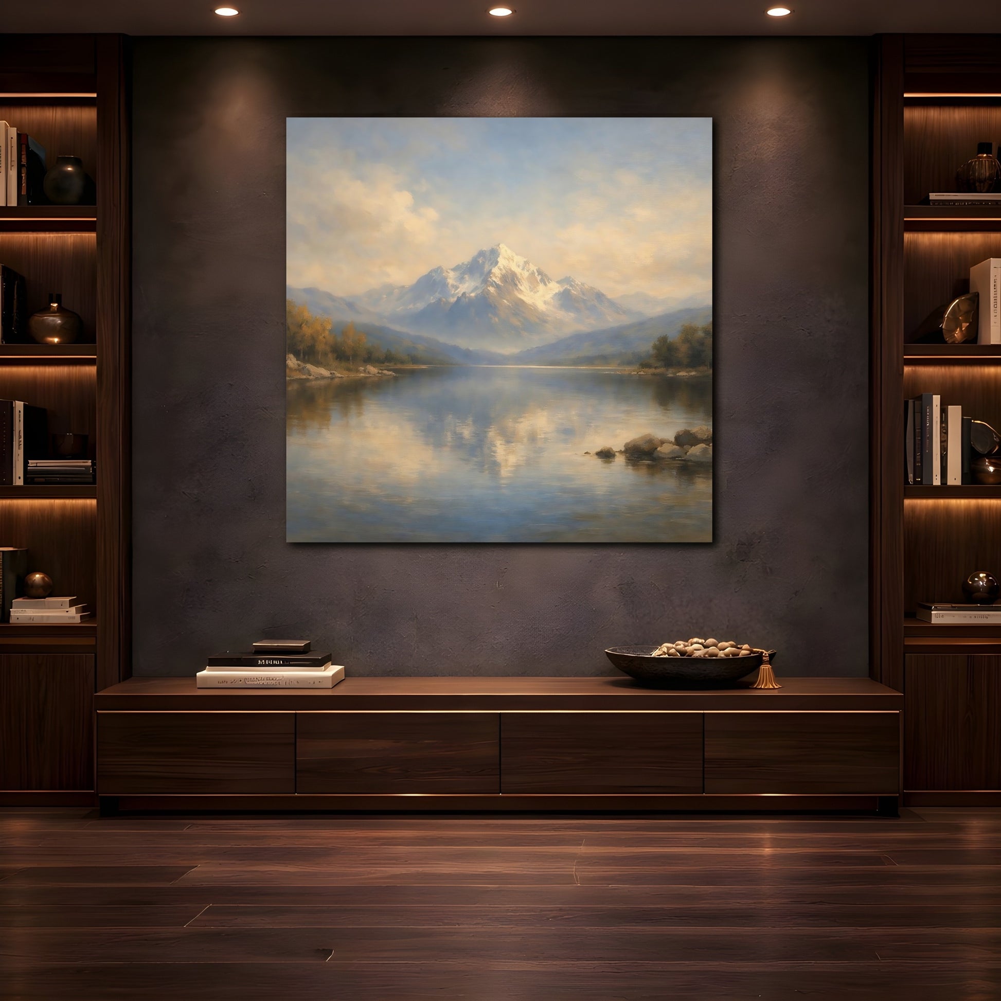 Mockup 4. Nature Snowy Mountain Mountain Lake Landscape shown as stretched canvas wall art