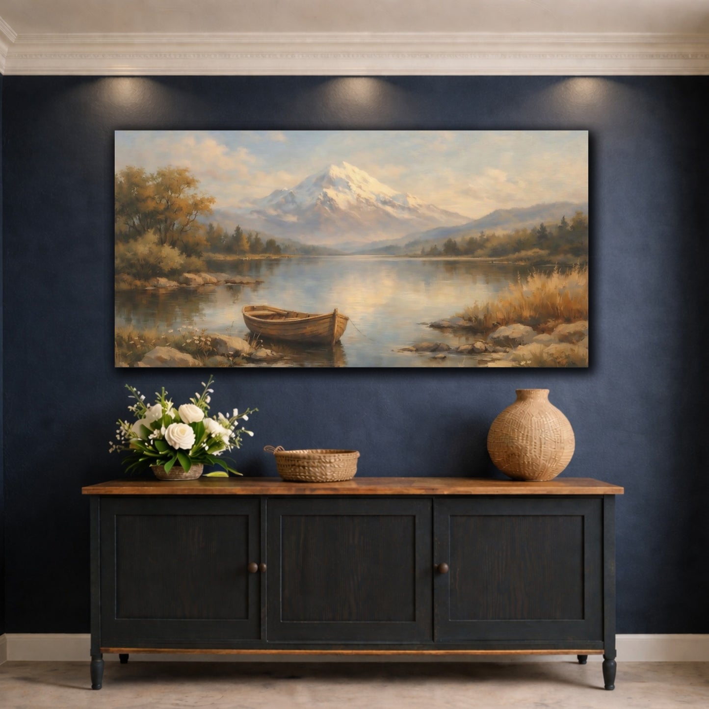 Mockup 4. Nature Snowy Mountain Mountain Lake Landscape shown as stretched canvas wall art
