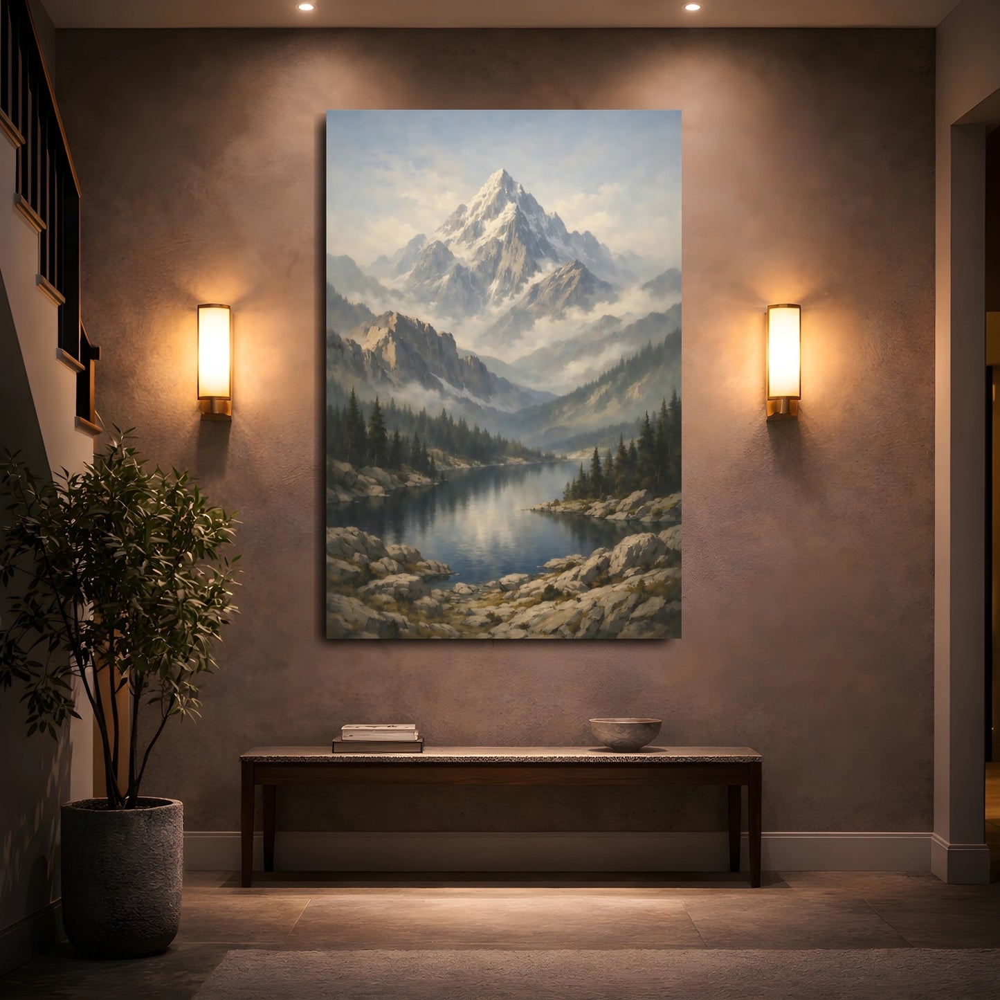 Mockup 4. Nature Snowy Mountain Mountain Lake Landscape shown as stretched canvas wall art