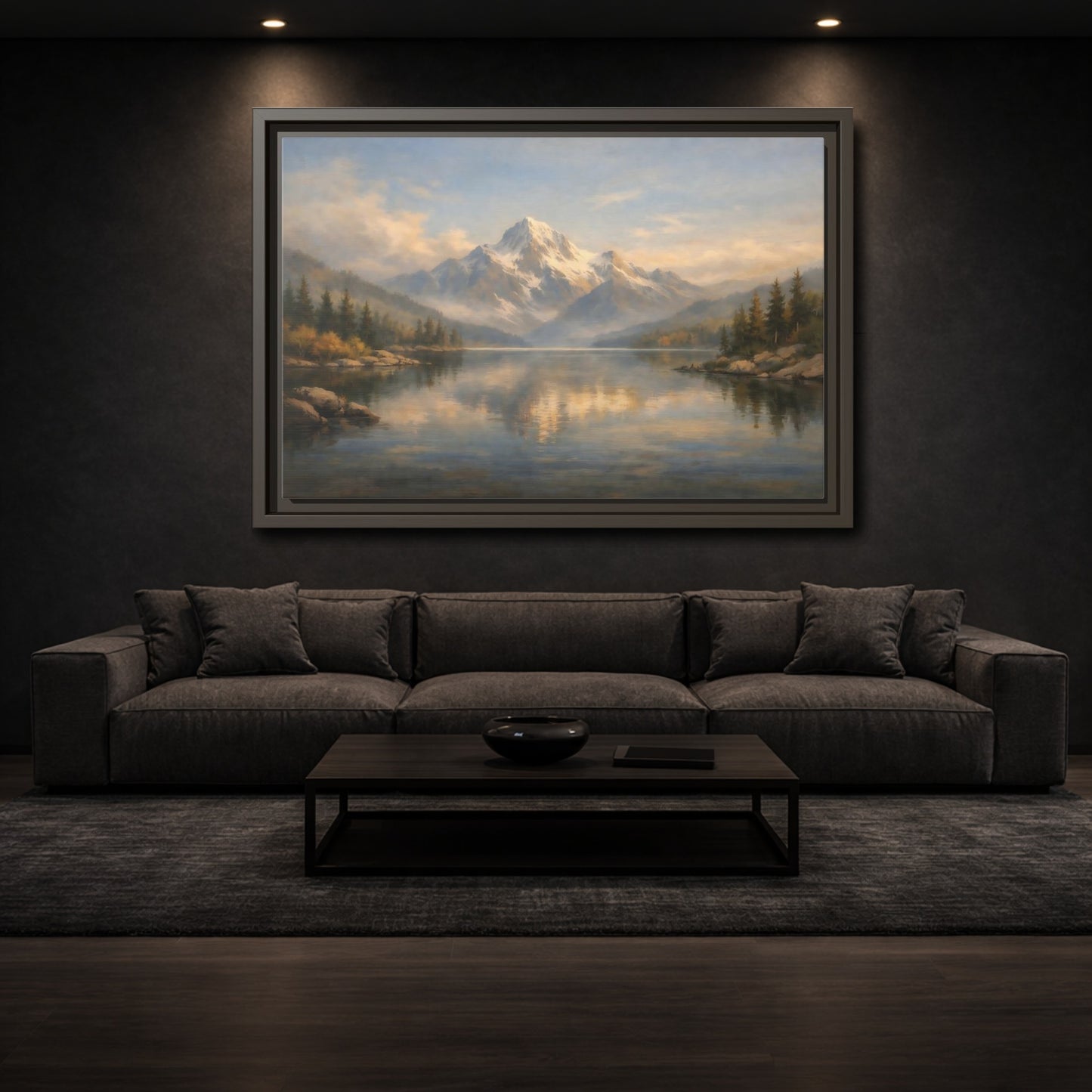 Mockup 2. Nature Snowy Mountain Mountain Lake Painting shown as stretched canvas wall art