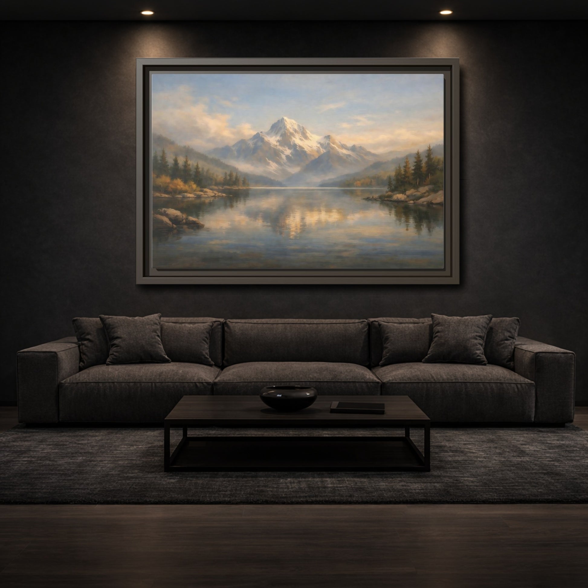 Mockup 2. Nature Snowy Mountain Mountain Lake Painting shown as stretched canvas wall art