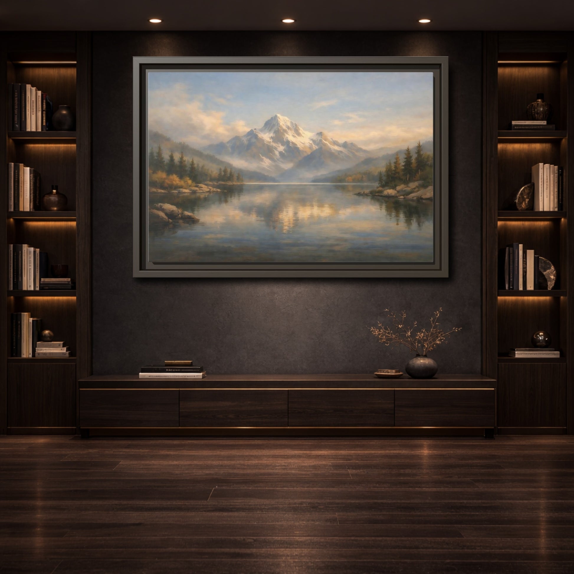 Mockup 3. Nature Snowy Mountain Mountain Lake Painting shown as stretched canvas wall art