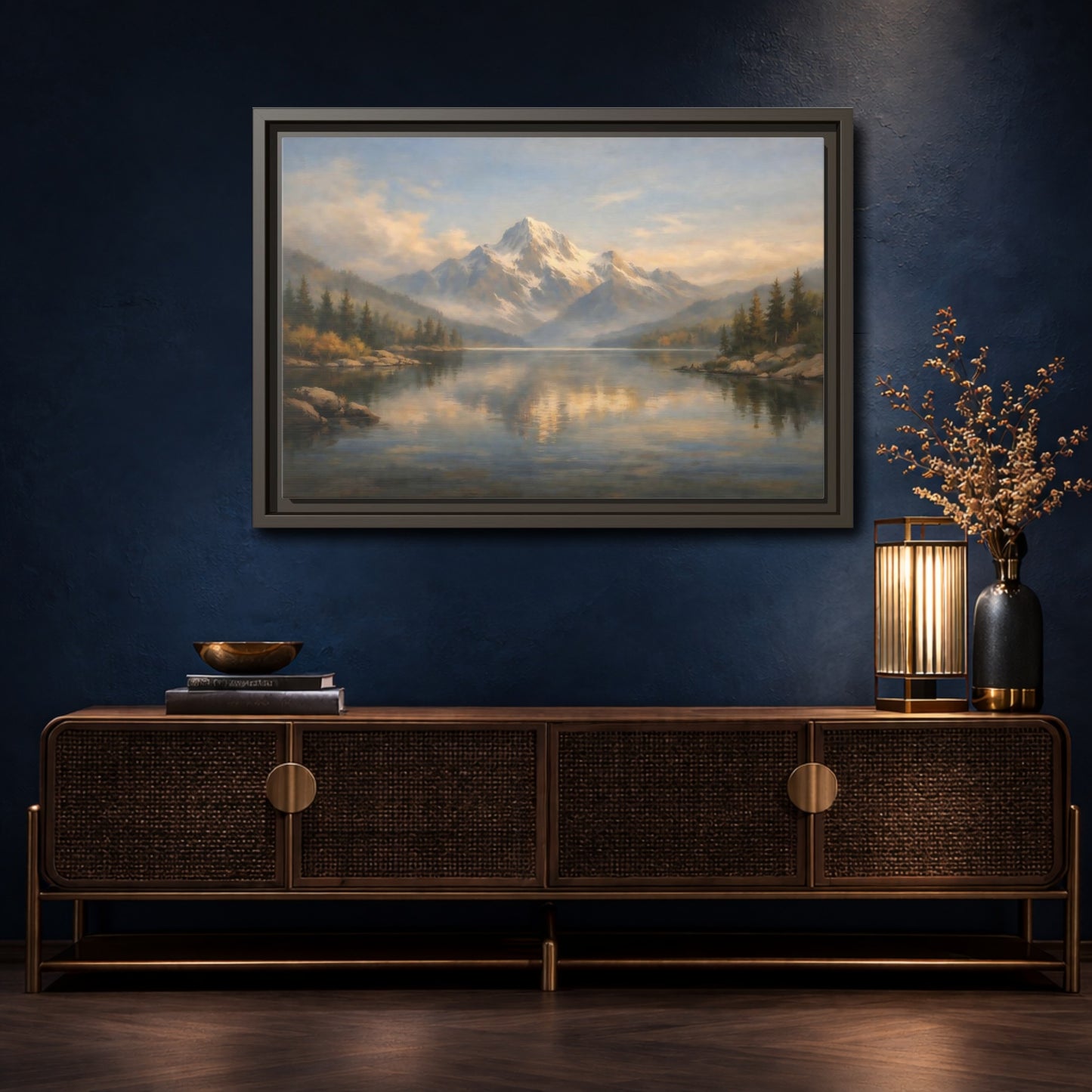 Mockup 4. Nature Snowy Mountain Mountain Lake Painting shown as stretched canvas wall art