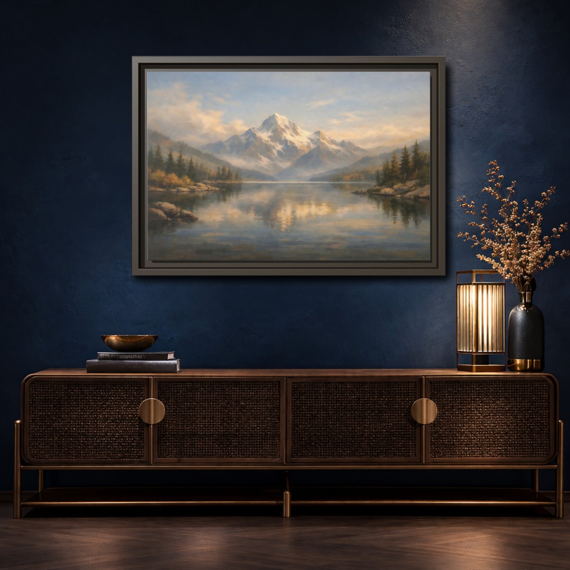 Mockup 4. Nature Snowy Mountain Mountain Lake Painting shown as stretched canvas wall art