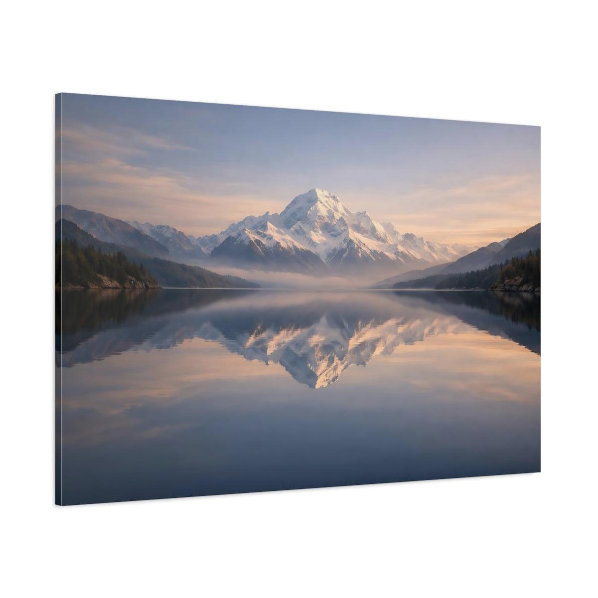 Main Mockup. Nature Snowy Mountain Mountain Lake Reflection shown as stretched canvas wall art