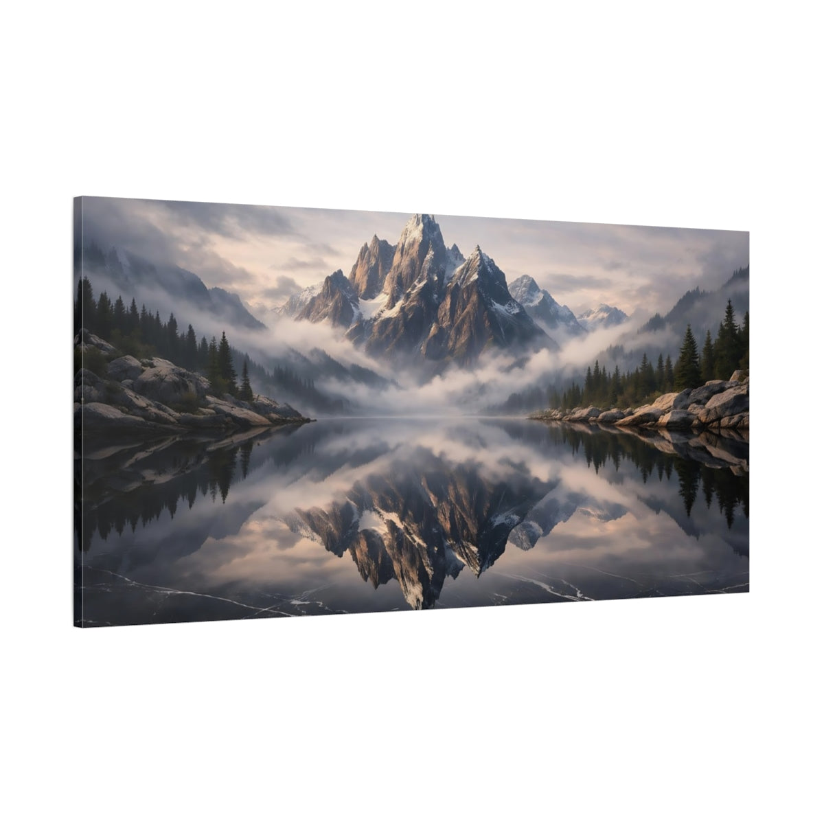 Main Mockup. Nature Snowy Mountain Mountain Lake Reflection shown as stretched canvas wall art