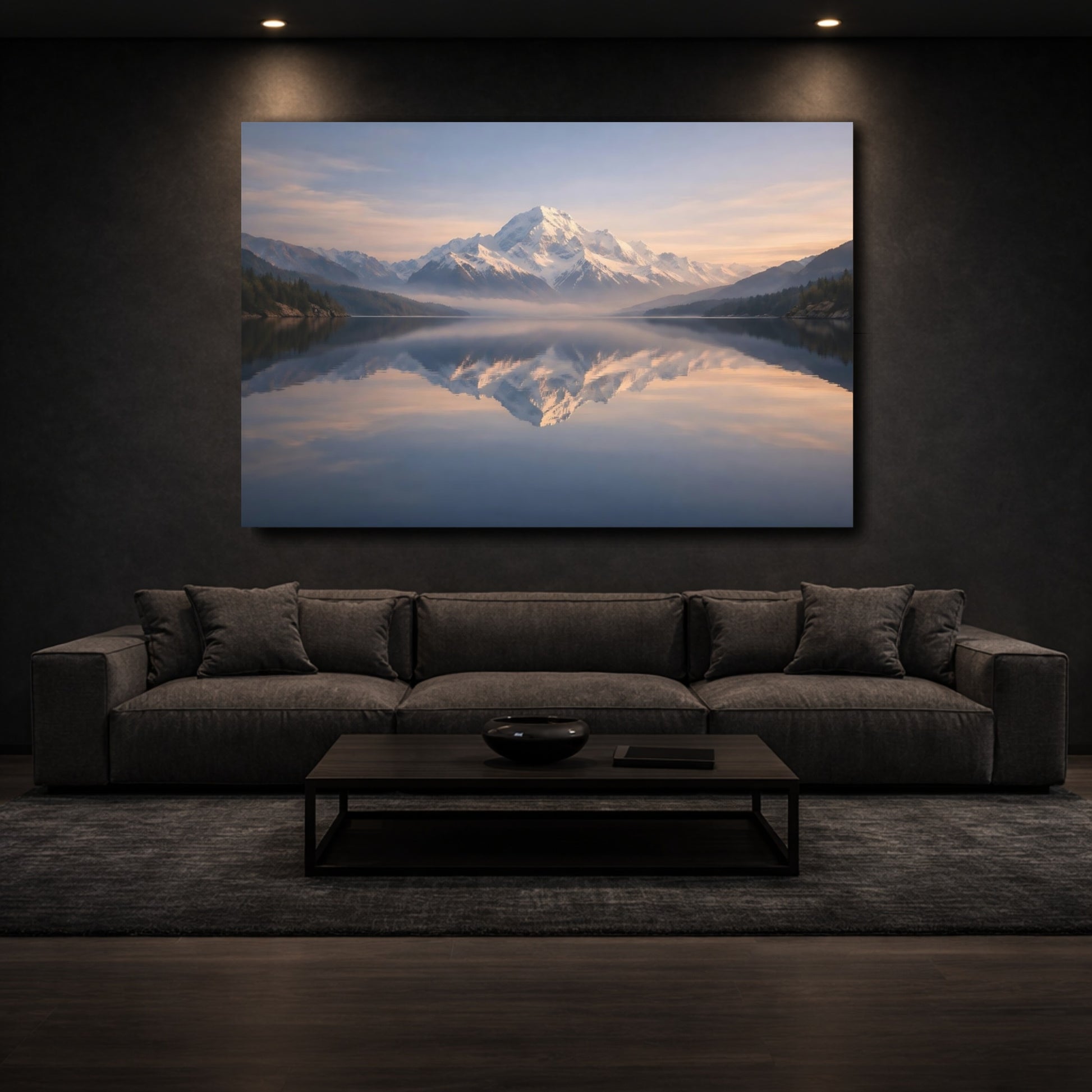 Mockup 2. Nature Snowy Mountain Mountain Lake Reflection shown as stretched canvas wall art