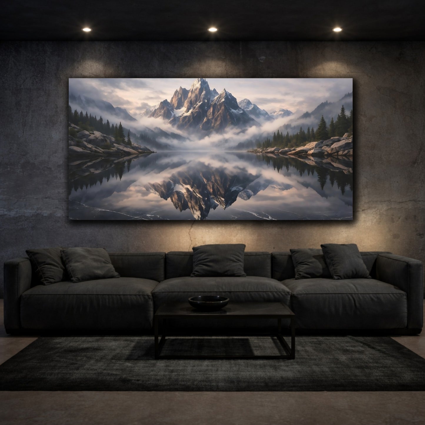 Mockup 2. Nature Snowy Mountain Mountain Lake Reflection shown as stretched canvas wall art