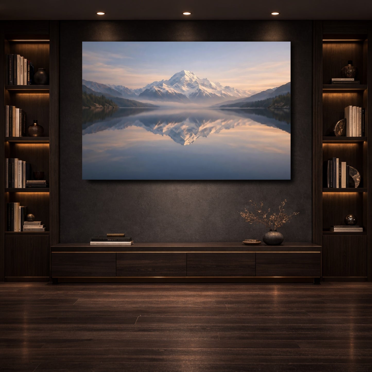 Mockup 3. Nature Snowy Mountain Mountain Lake Reflection shown as stretched canvas wall art