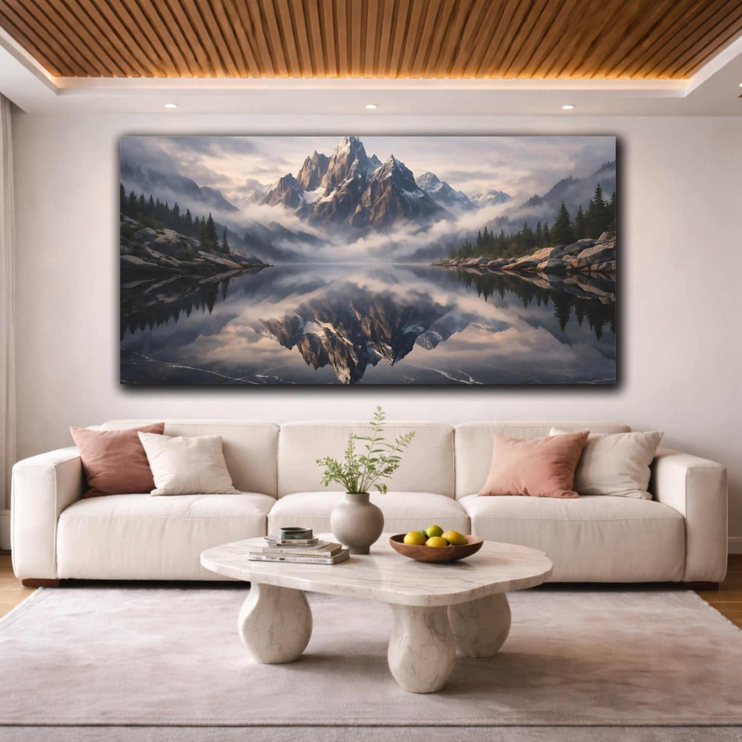 Mockup 3. Nature Snowy Mountain Mountain Lake Reflection shown as stretched canvas wall art