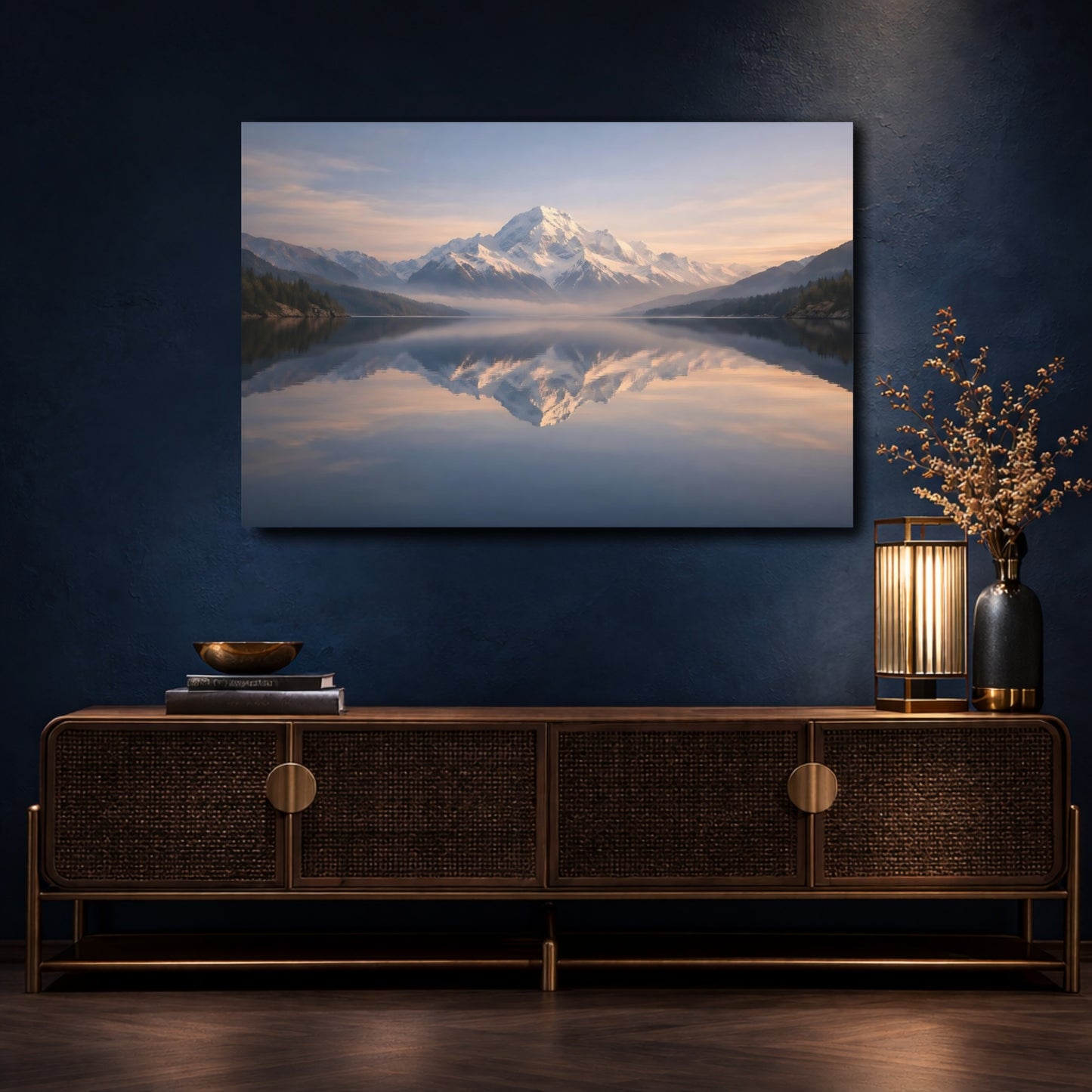 Mockup 4. Nature Snowy Mountain Mountain Lake Reflection shown as stretched canvas wall art
