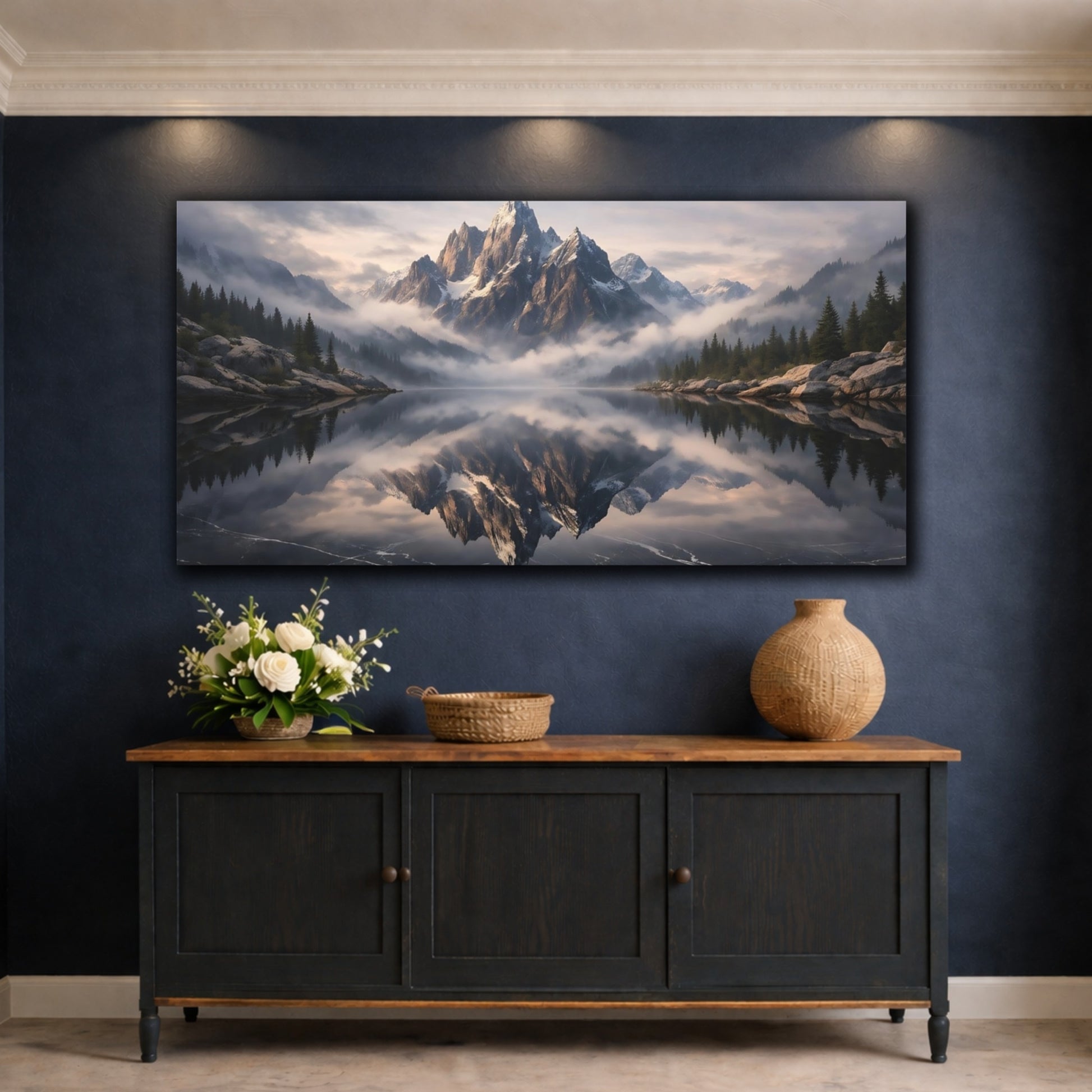 Mockup 4. Nature Snowy Mountain Mountain Lake Reflection shown as stretched canvas wall art