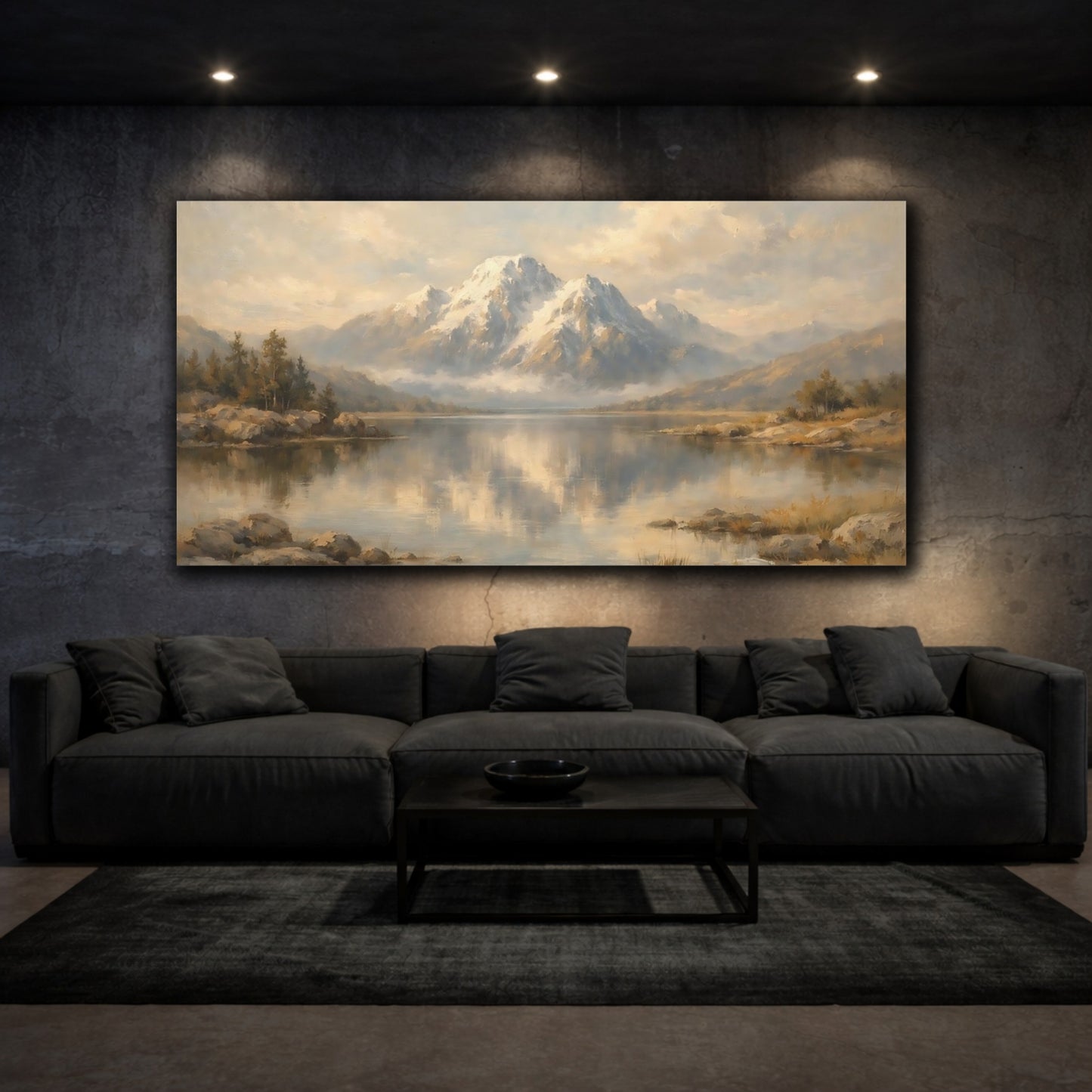 Mockup 2. Nature Snowy Mountain Mountain Lake shown as stretched canvas wall art