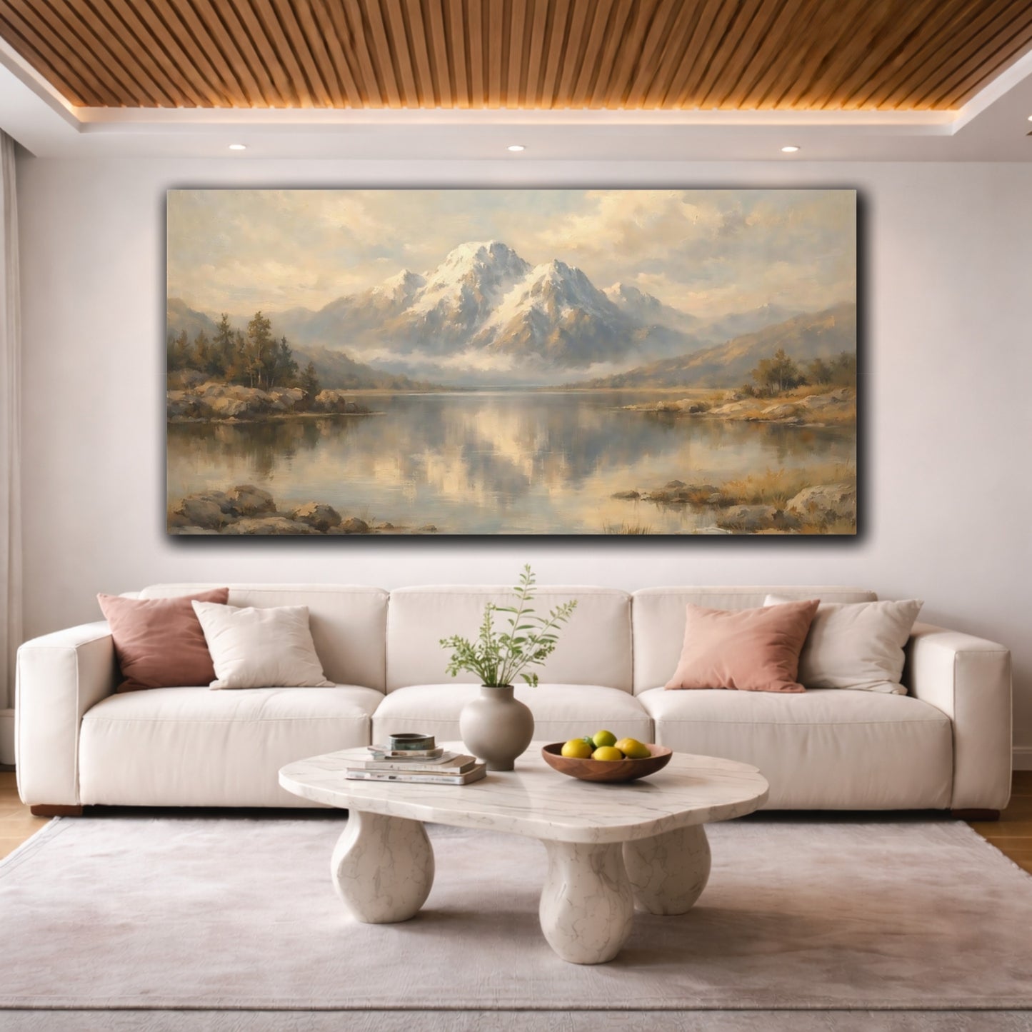 Mockup 3. Nature Snowy Mountain Mountain Lake shown as stretched canvas wall art