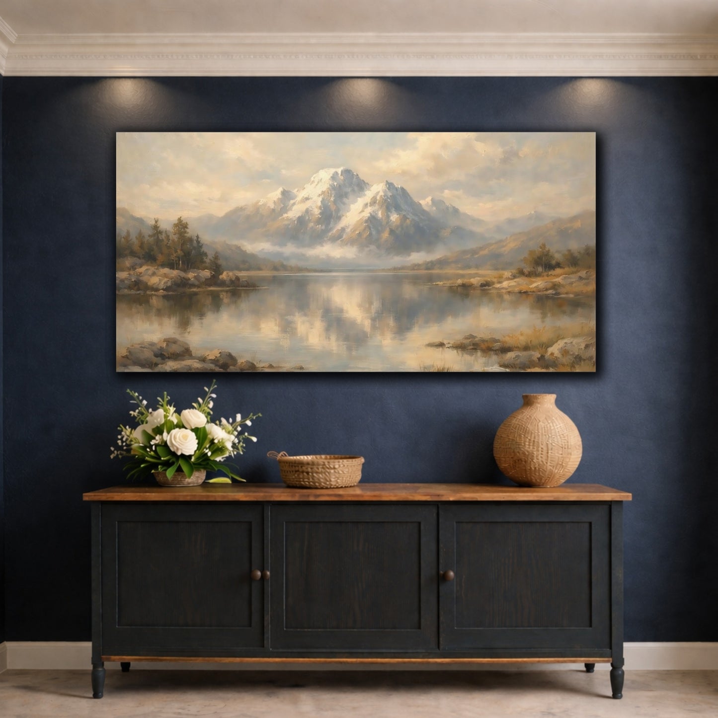 Mockup 4. Nature Snowy Mountain Mountain Lake shown as stretched canvas wall art