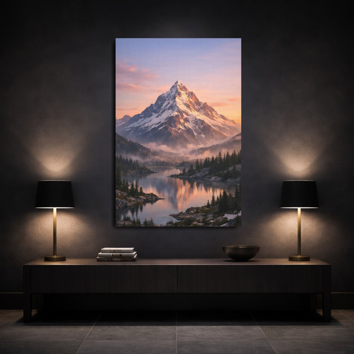 Nature Snowy Mountain Mountain Lake Sunrise shown as front canvas room wall art