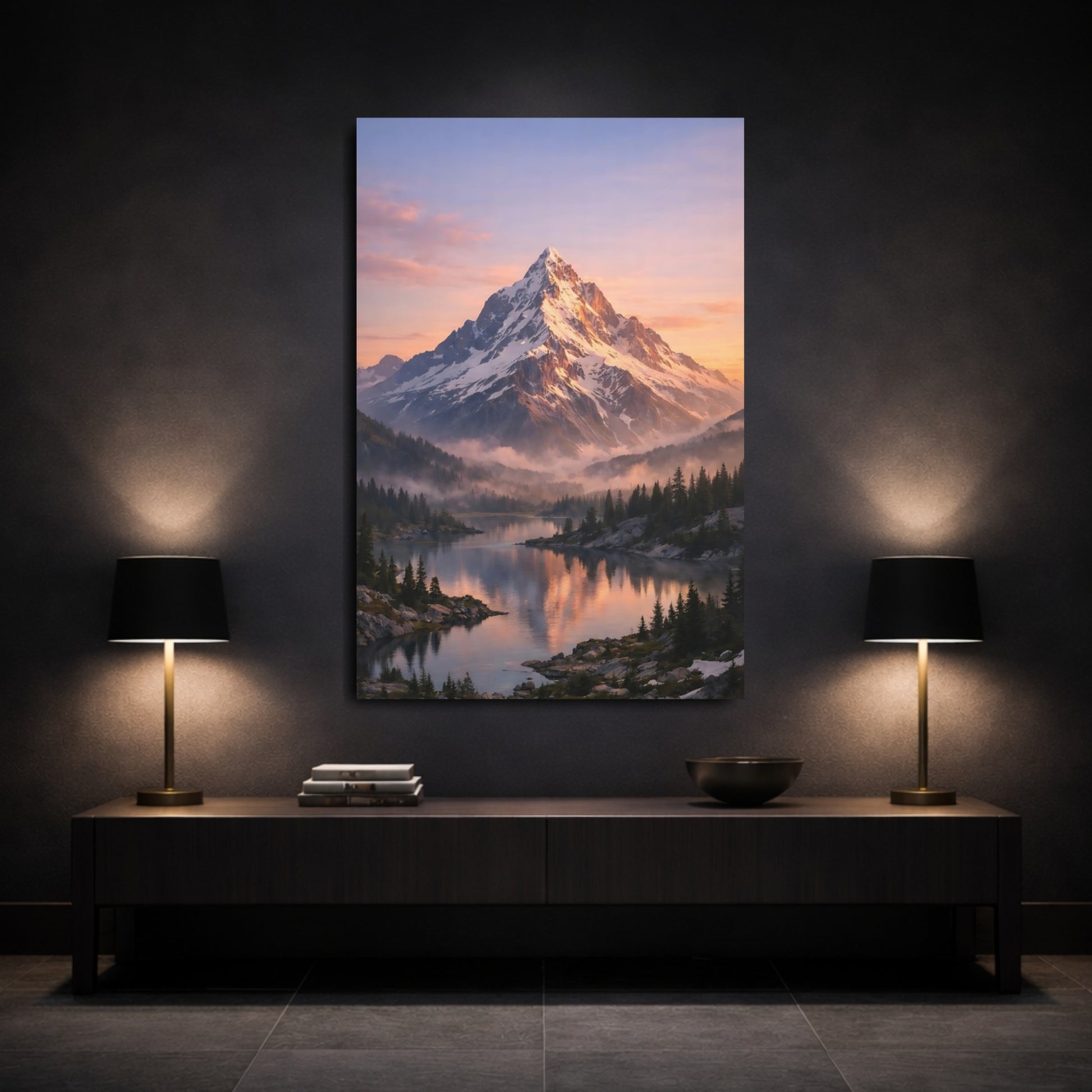 Nature Snowy Mountain Mountain Lake Sunrise shown as front canvas room wall art
