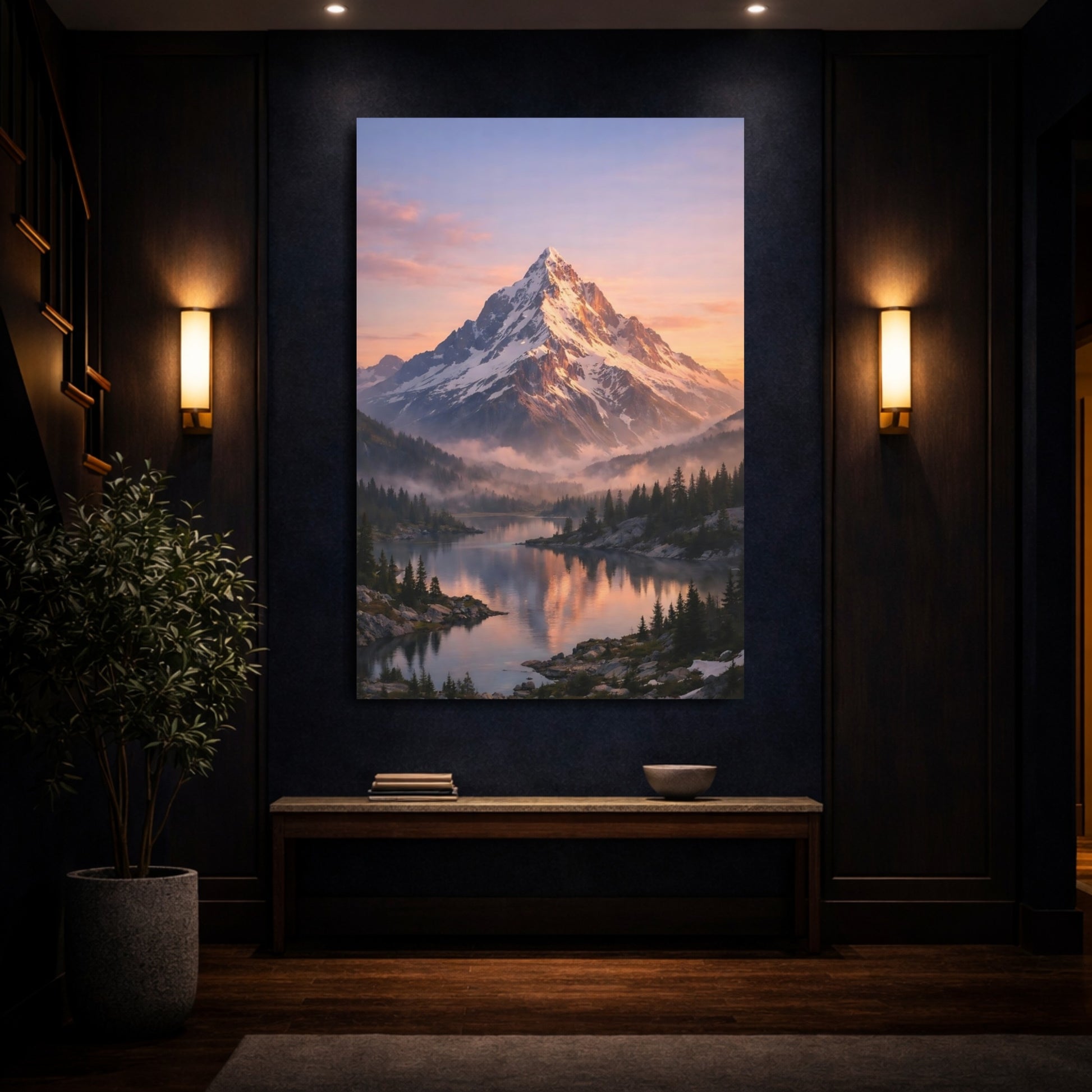 Nature Snowy Mountain Mountain Lake Sunrise shown as front canvas room wall art