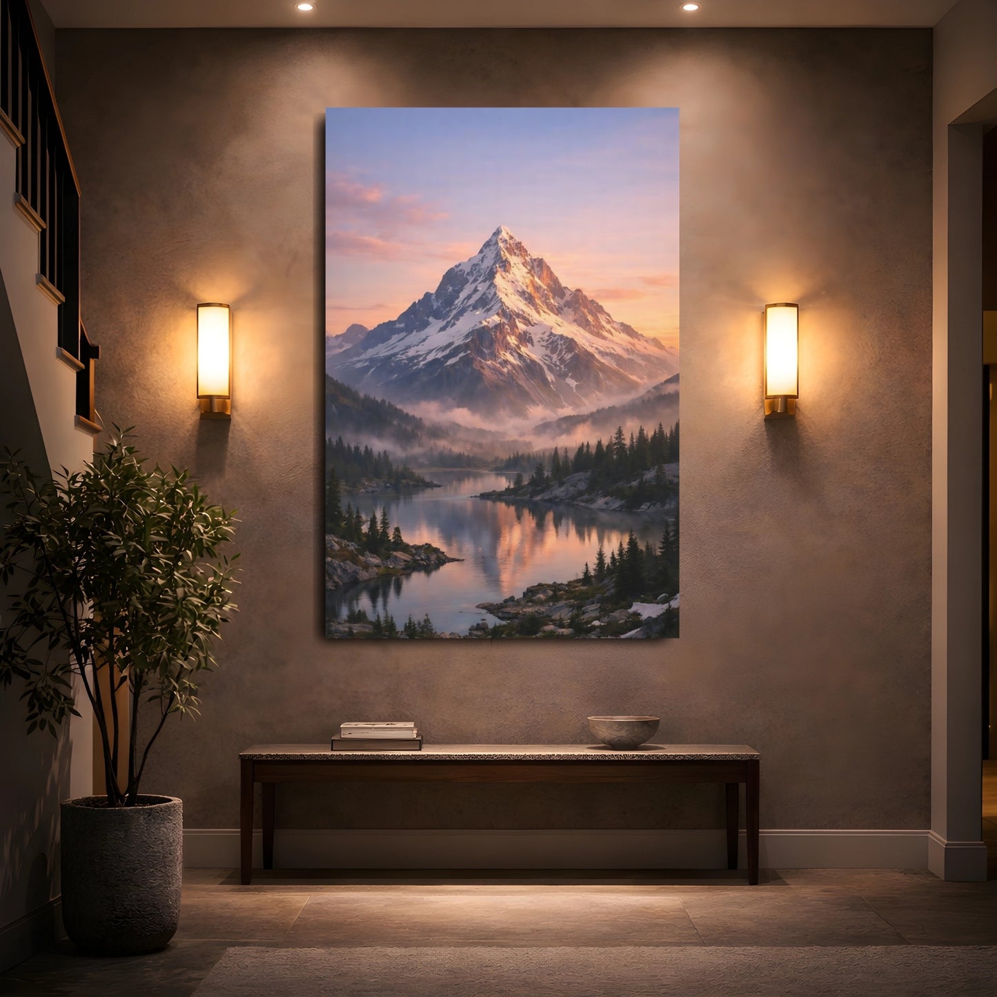 Nature Snowy Mountain Mountain Lake Sunrise shown as front canvas room wall art