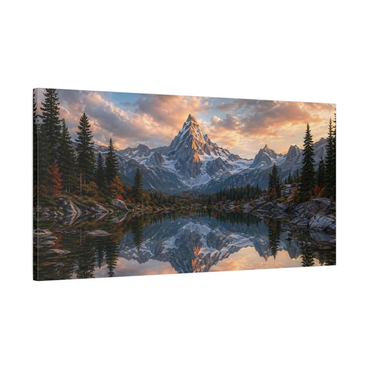 Main Mockup. Nature Snowy Mountain Mountain Lake Sunset shown as stretched canvas wall art