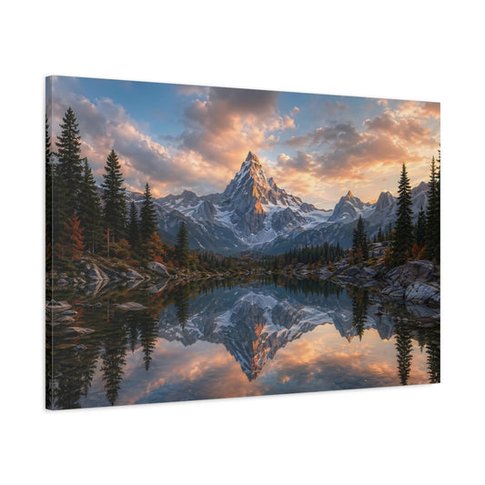 Main Mockup. Nature Snowy Mountain Mountain Lake Sunset shown as stretched canvas wall art