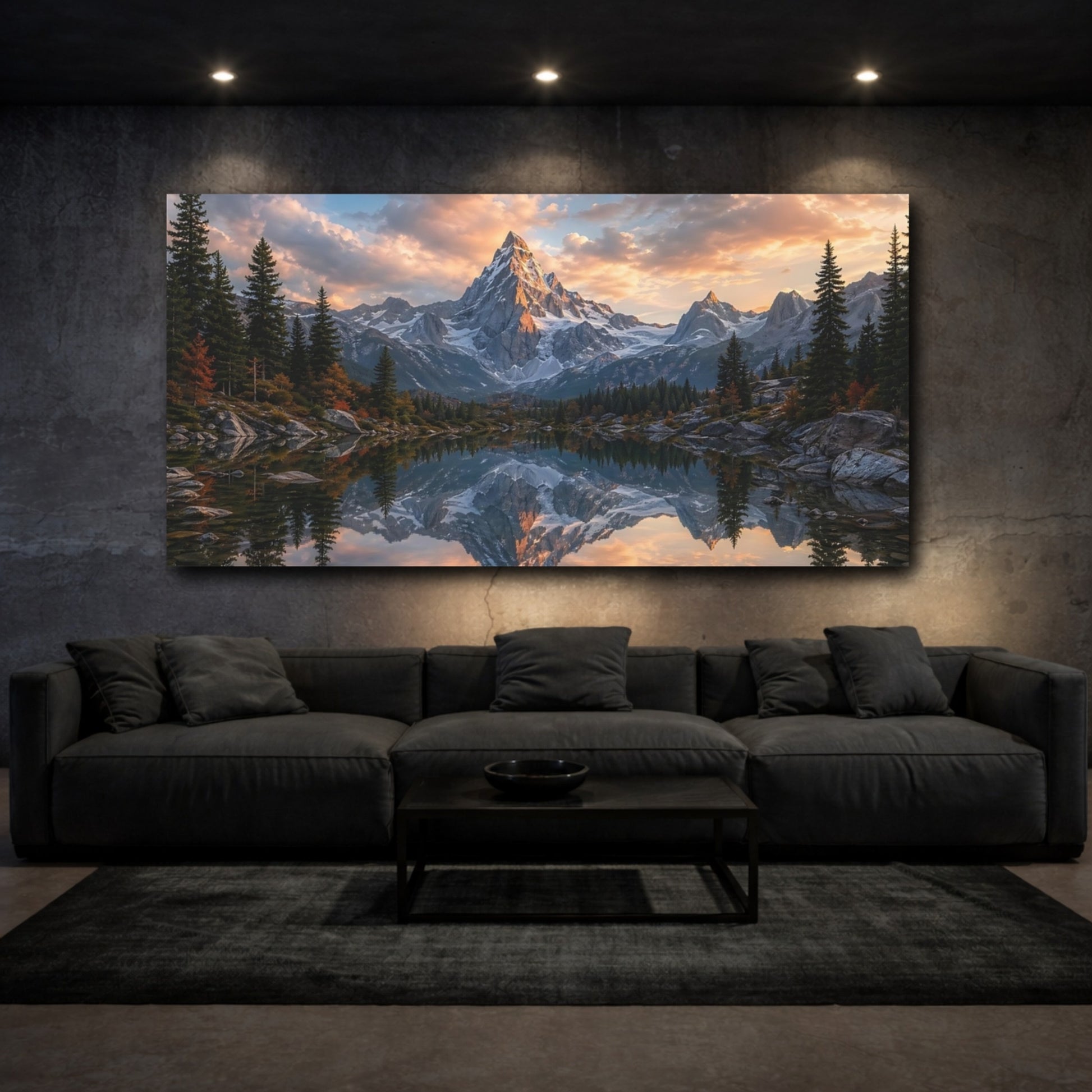 Mockup 2. Nature Snowy Mountain Mountain Lake Sunset shown as stretched canvas wall art