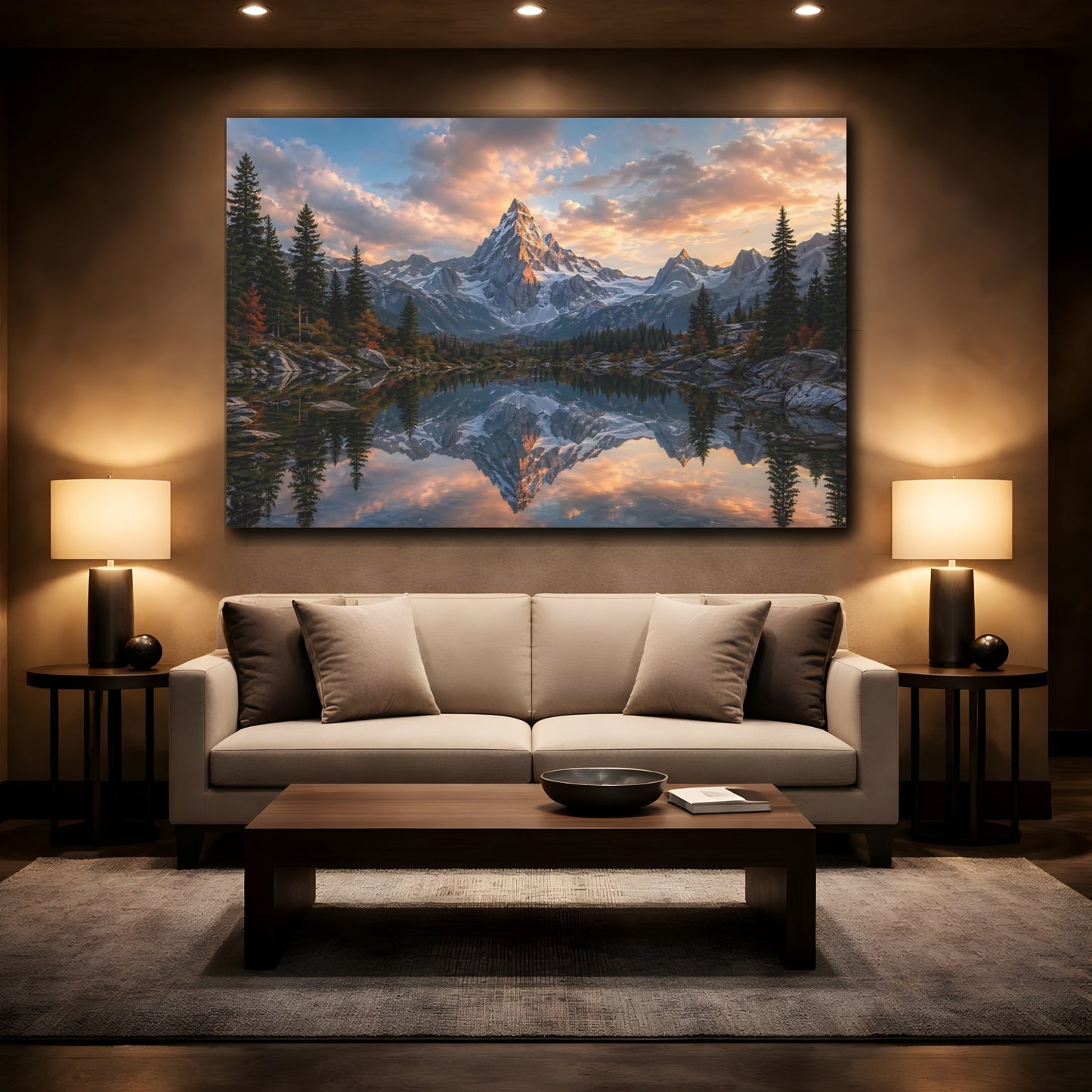 Mockup 2. Nature Snowy Mountain Mountain Lake Sunset shown as stretched canvas wall art