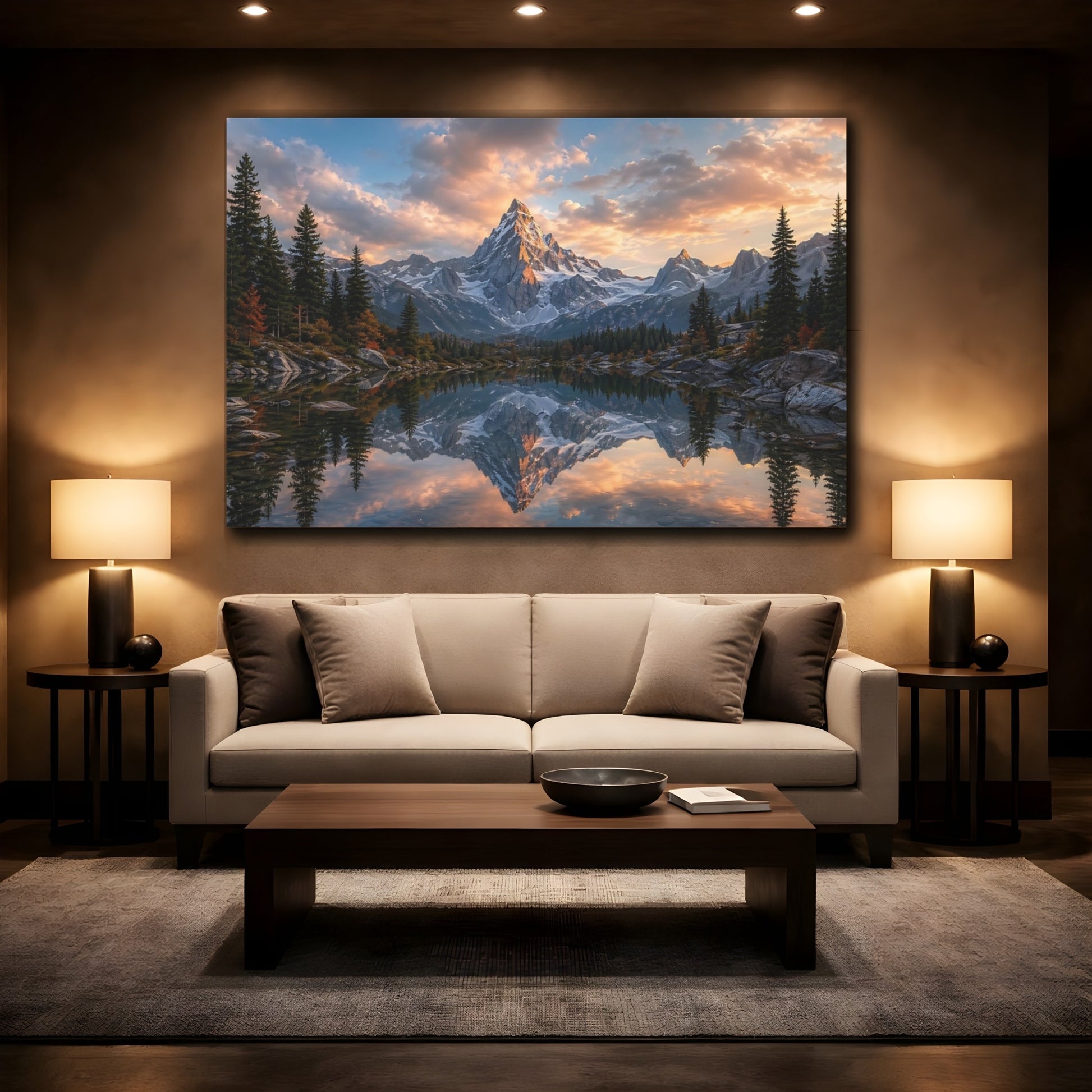 Mockup 2. Nature Snowy Mountain Mountain Lake Sunset shown as stretched canvas wall art