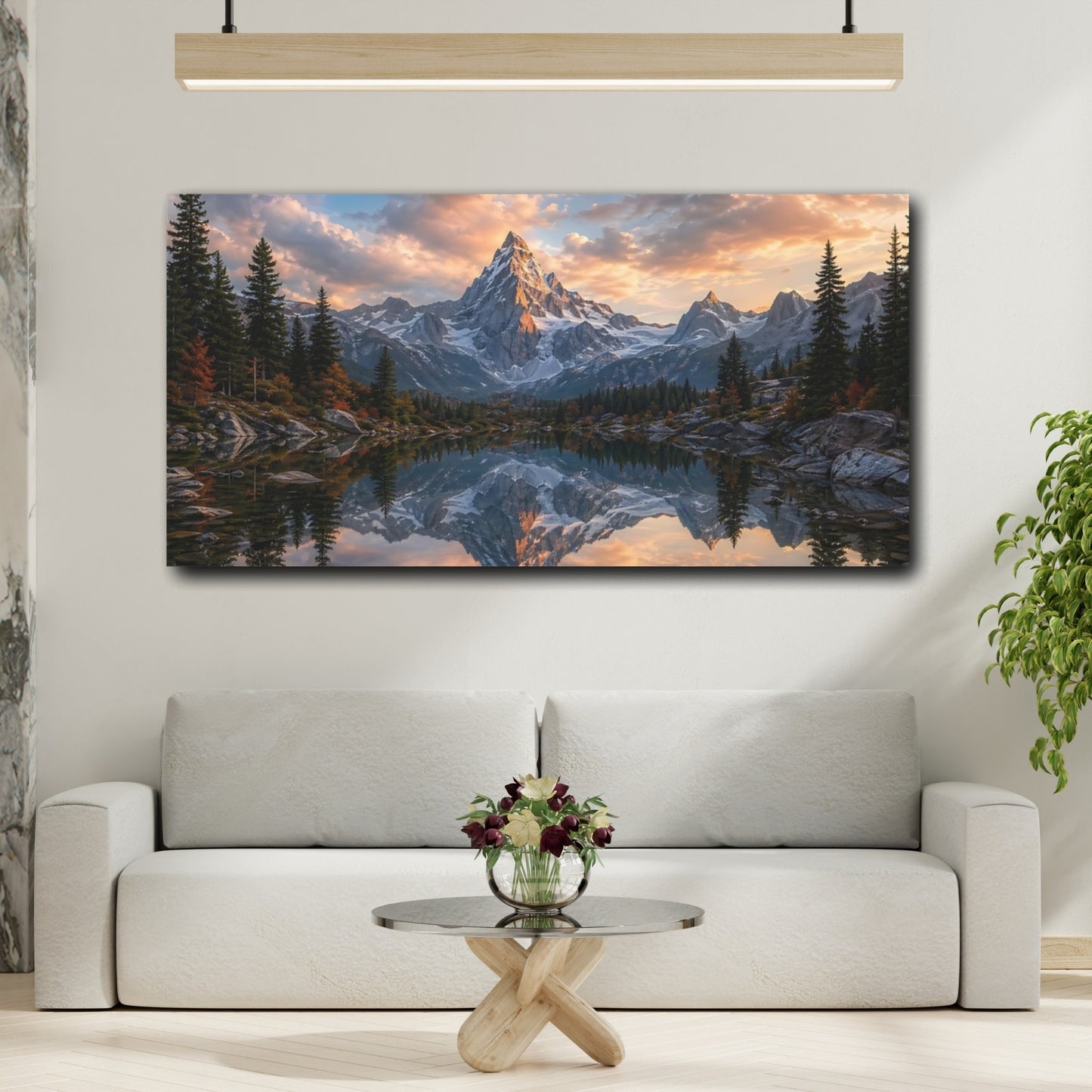 Mockup 3. Nature Snowy Mountain Mountain Lake Sunset shown as stretched canvas wall art