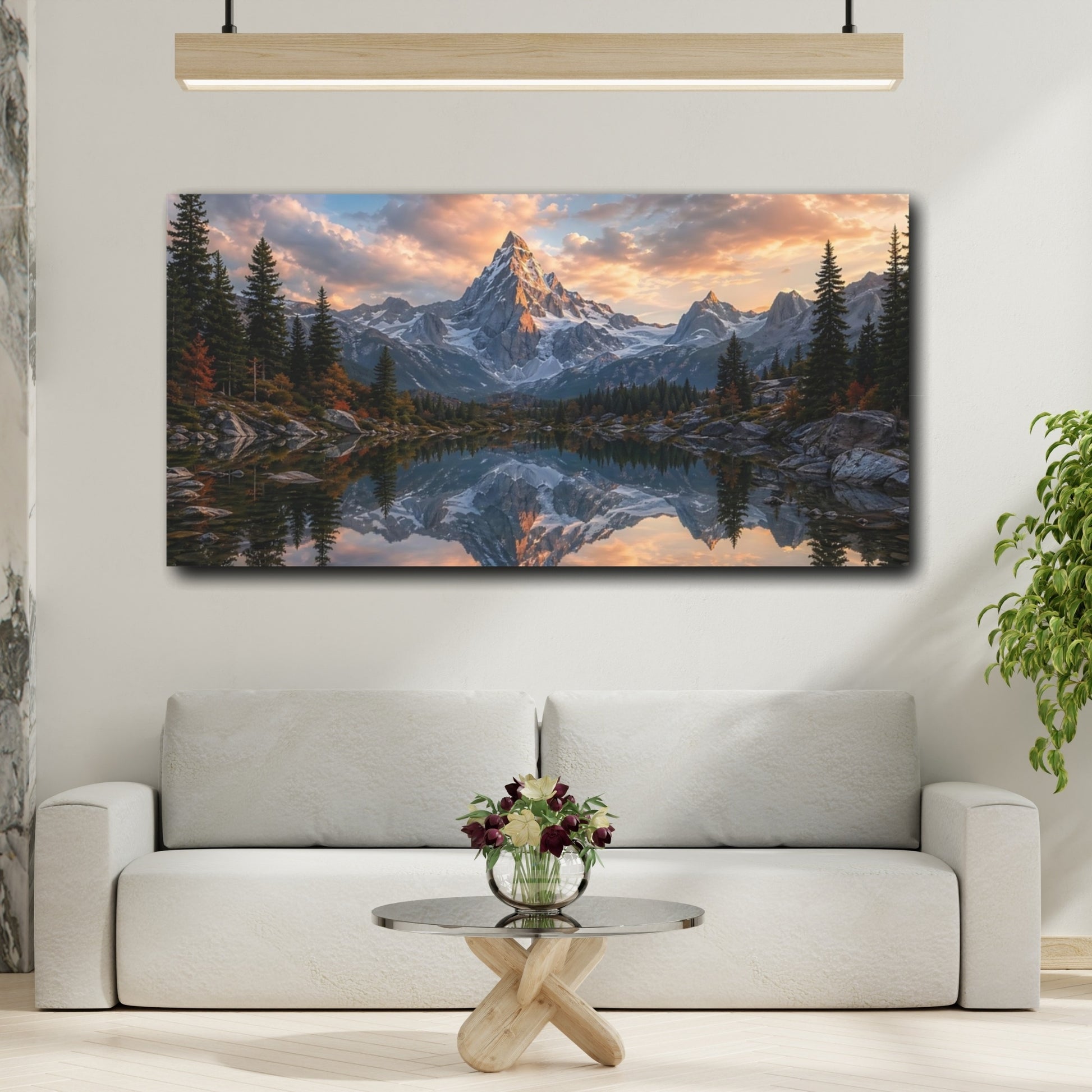 Mockup 3. Nature Snowy Mountain Mountain Lake Sunset shown as stretched canvas wall art