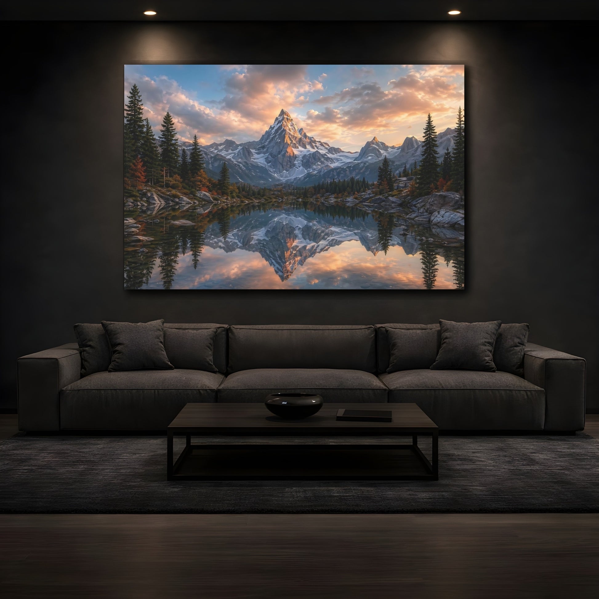 Mockup 3. Nature Snowy Mountain Mountain Lake Sunset shown as stretched canvas wall art