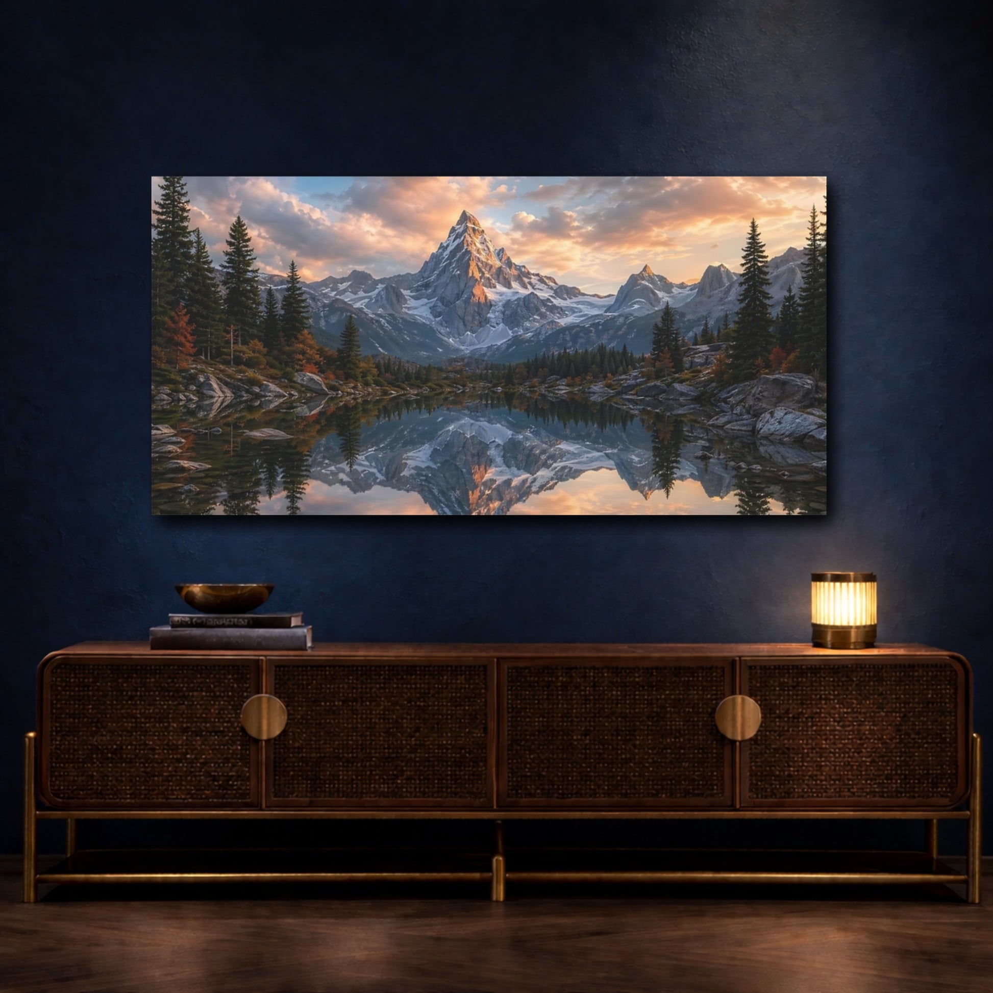 Mockup 4. Nature Snowy Mountain Mountain Lake Sunset shown as stretched canvas wall art