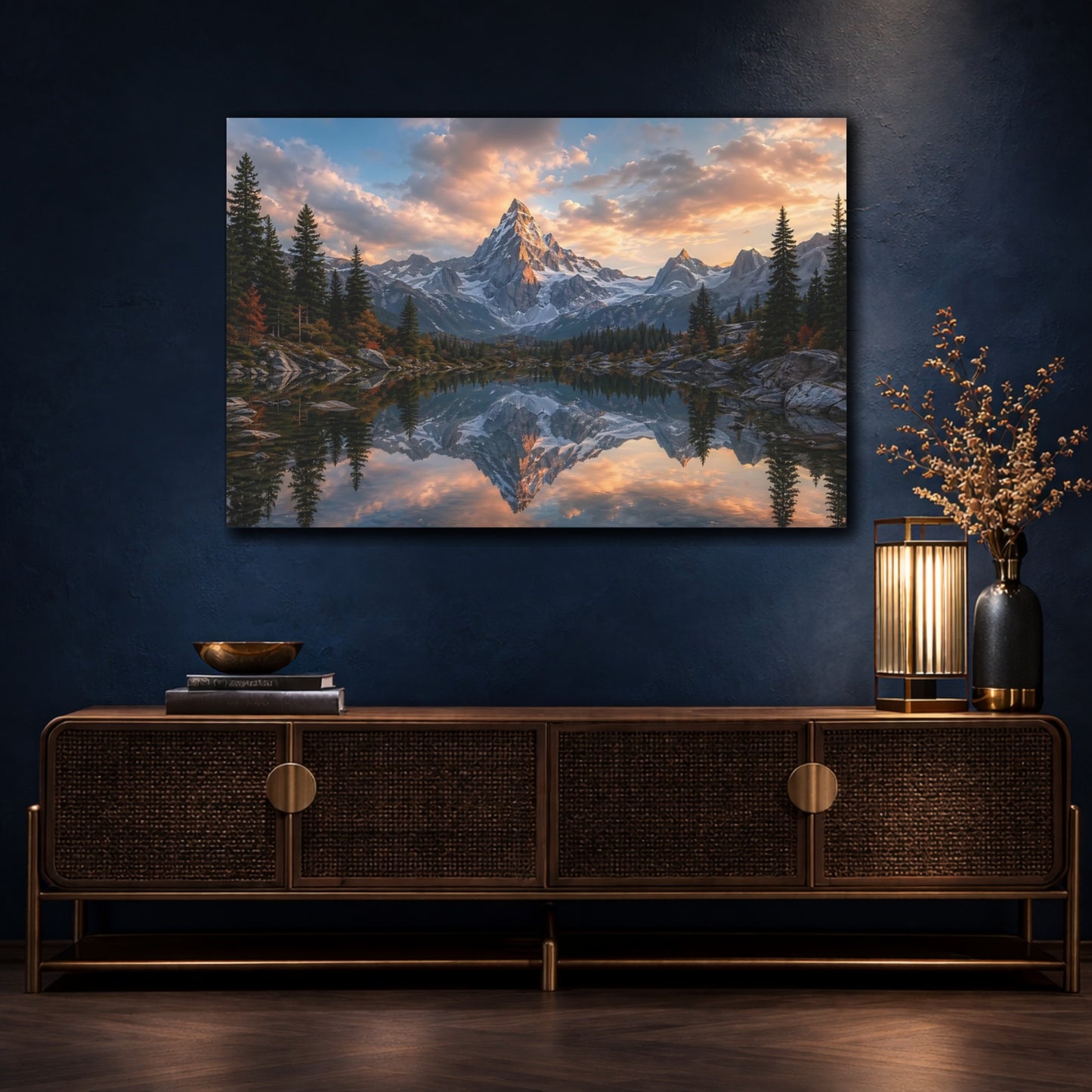 Mockup 4. Nature Snowy Mountain Mountain Lake Sunset shown as stretched canvas wall art