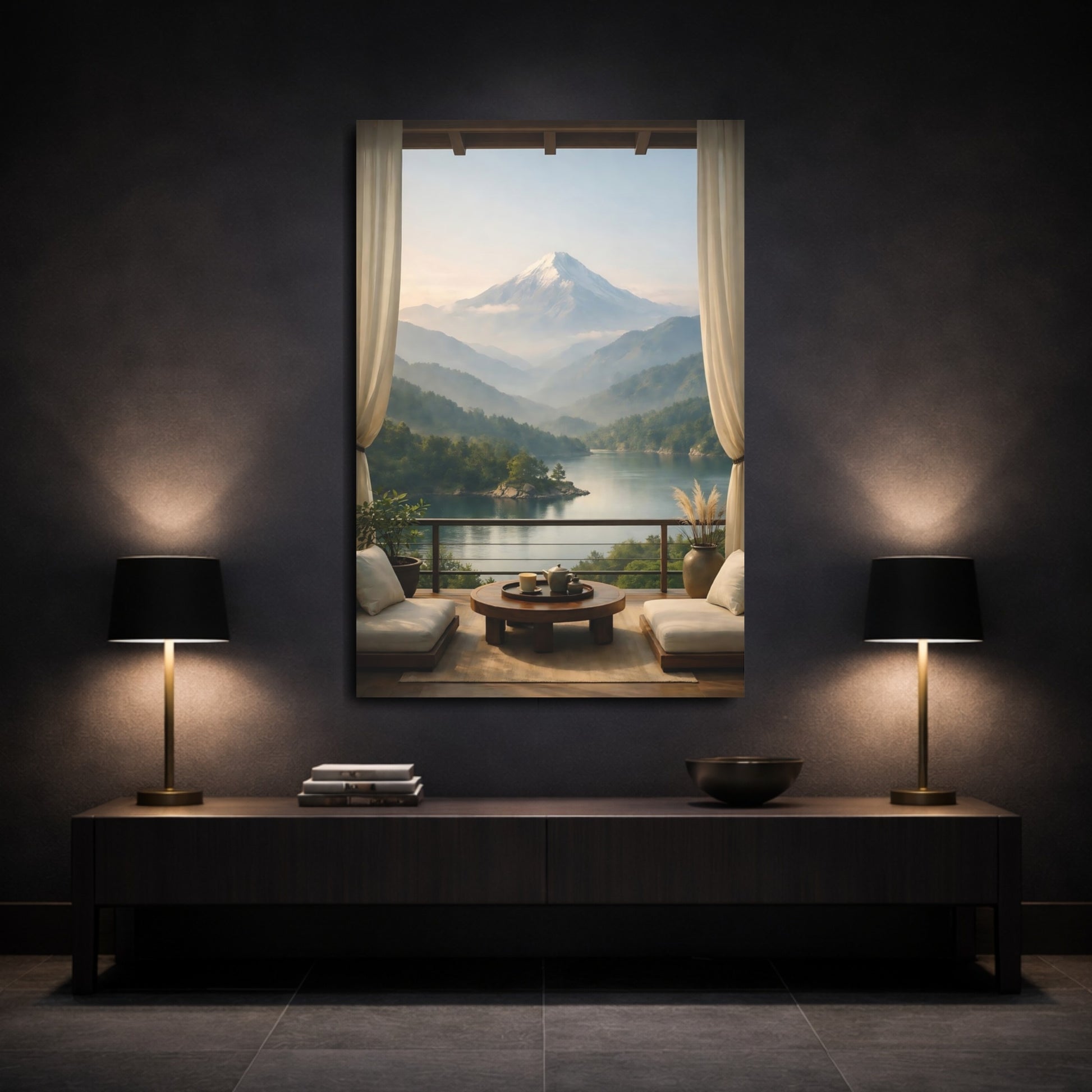 Mockup 2. Nature Snowy Mountain Mountain Lake View shown as stretched canvas wall art