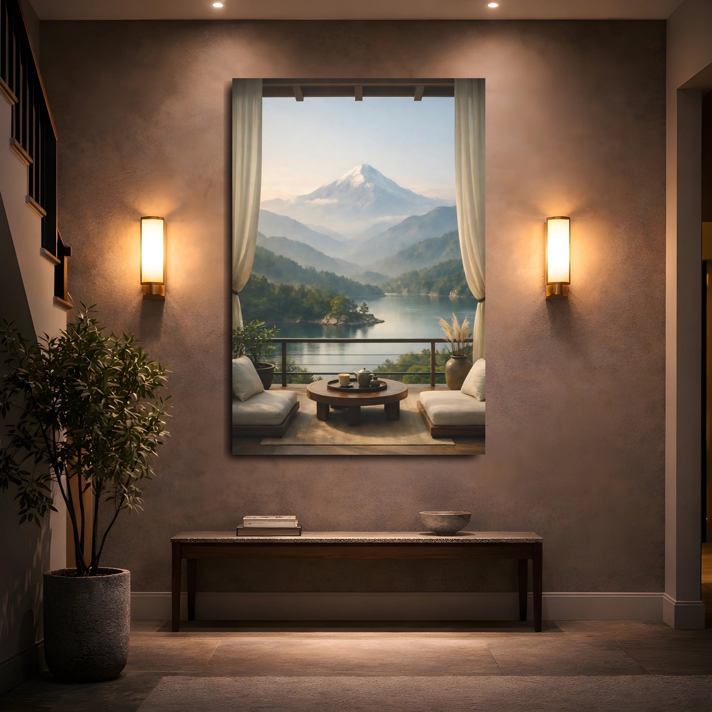 Mockup 4. Nature Snowy Mountain Mountain Lake View shown as stretched canvas wall art