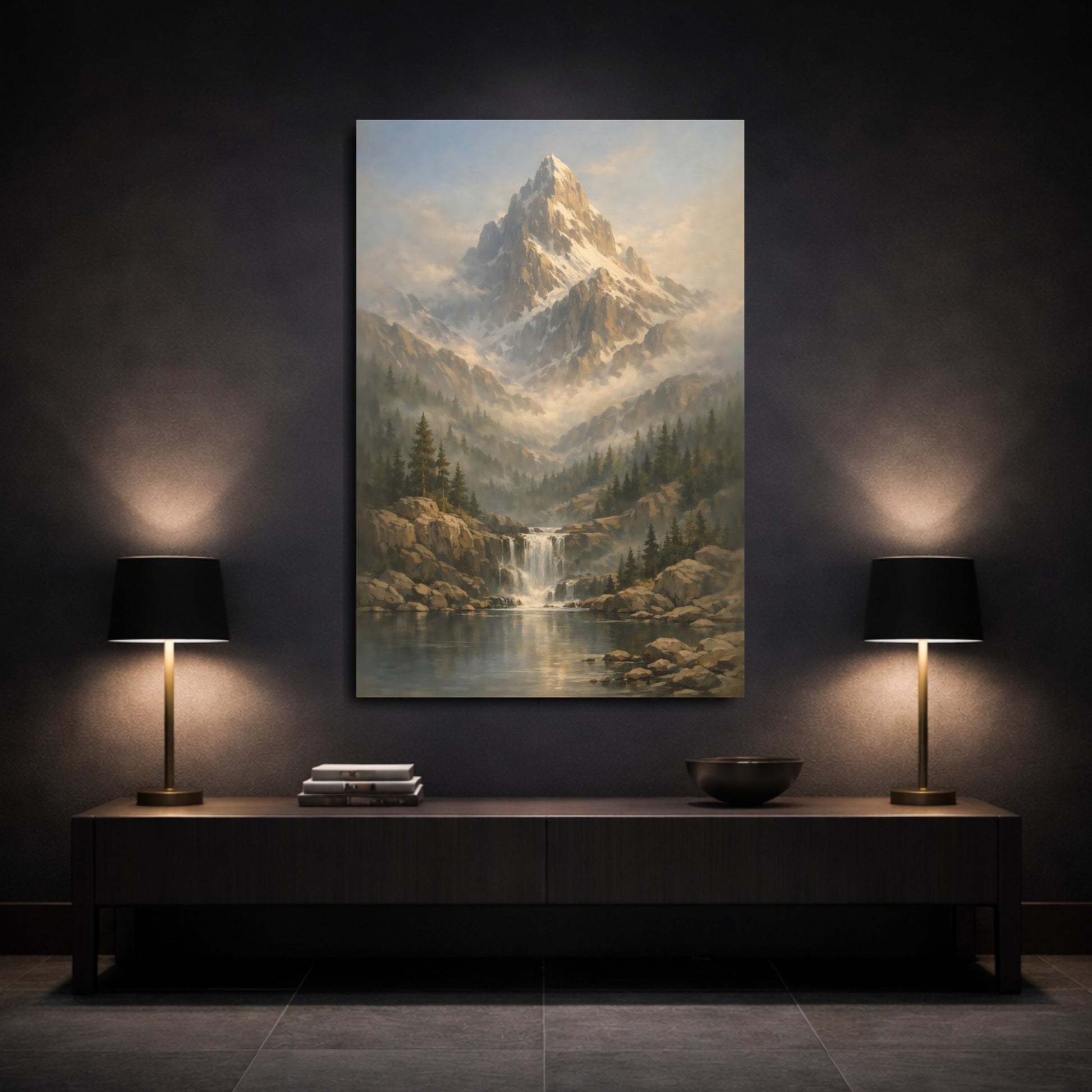 Mockup 2. Nature Snowy Mountain Mountain Waterfall shown as stretched canvas wall art