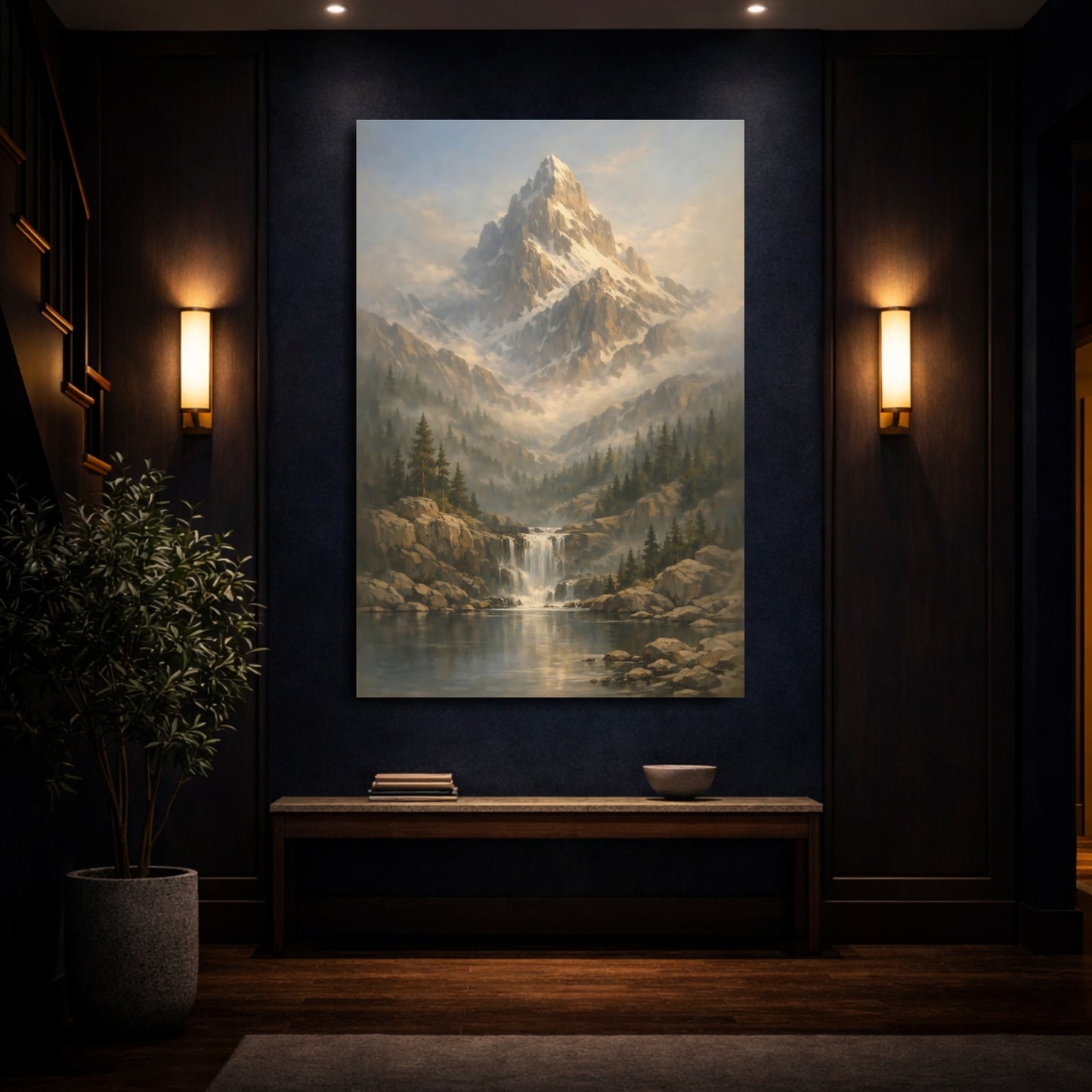 Mockup 3. Nature Snowy Mountain Mountain Waterfall shown as stretched canvas wall art