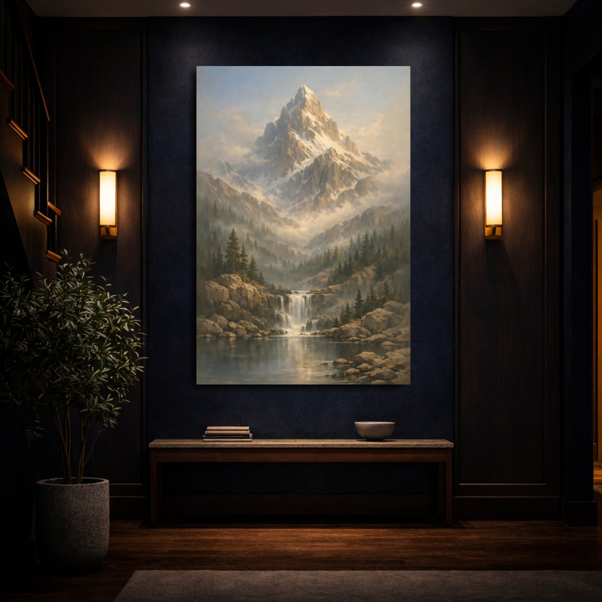 Mockup 3. Nature Snowy Mountain Mountain Waterfall shown as stretched canvas wall art