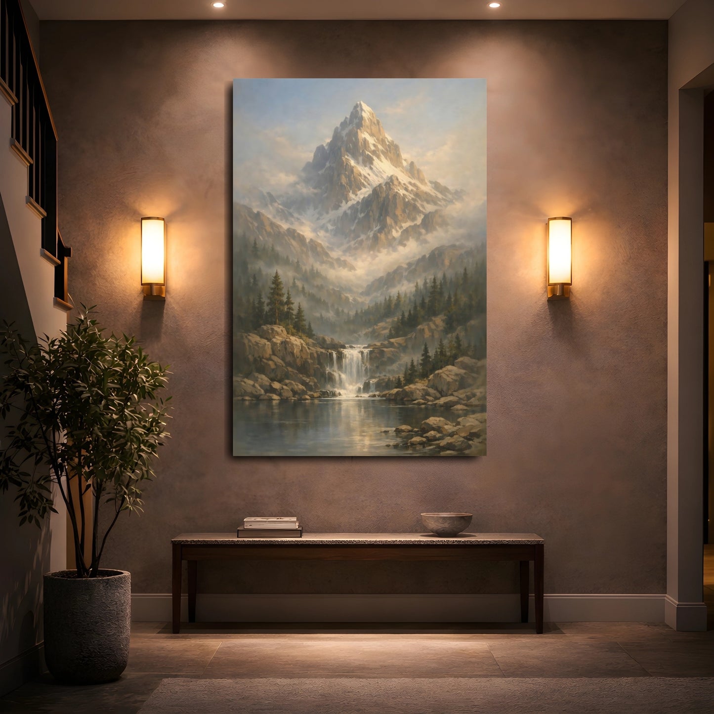 Mockup 4. Nature Snowy Mountain Mountain Waterfall shown as stretched canvas wall art