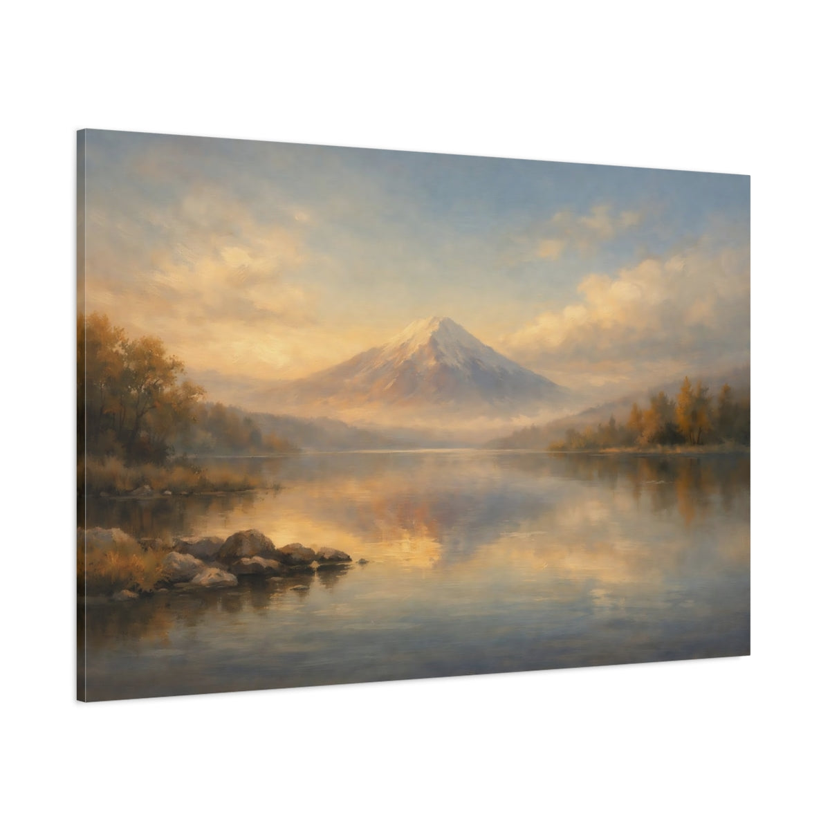 Main Mockup. Nature Snowy Mountain Orange Blue Landscape shown as stretched canvas wall art